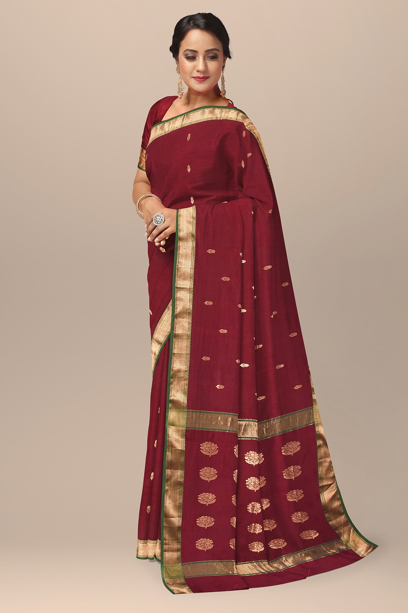 Maroon Handwoven Sausar Silk With Zari Border and Floral Buta Pallu SKU- BS10066 - Bhartiya Shilp