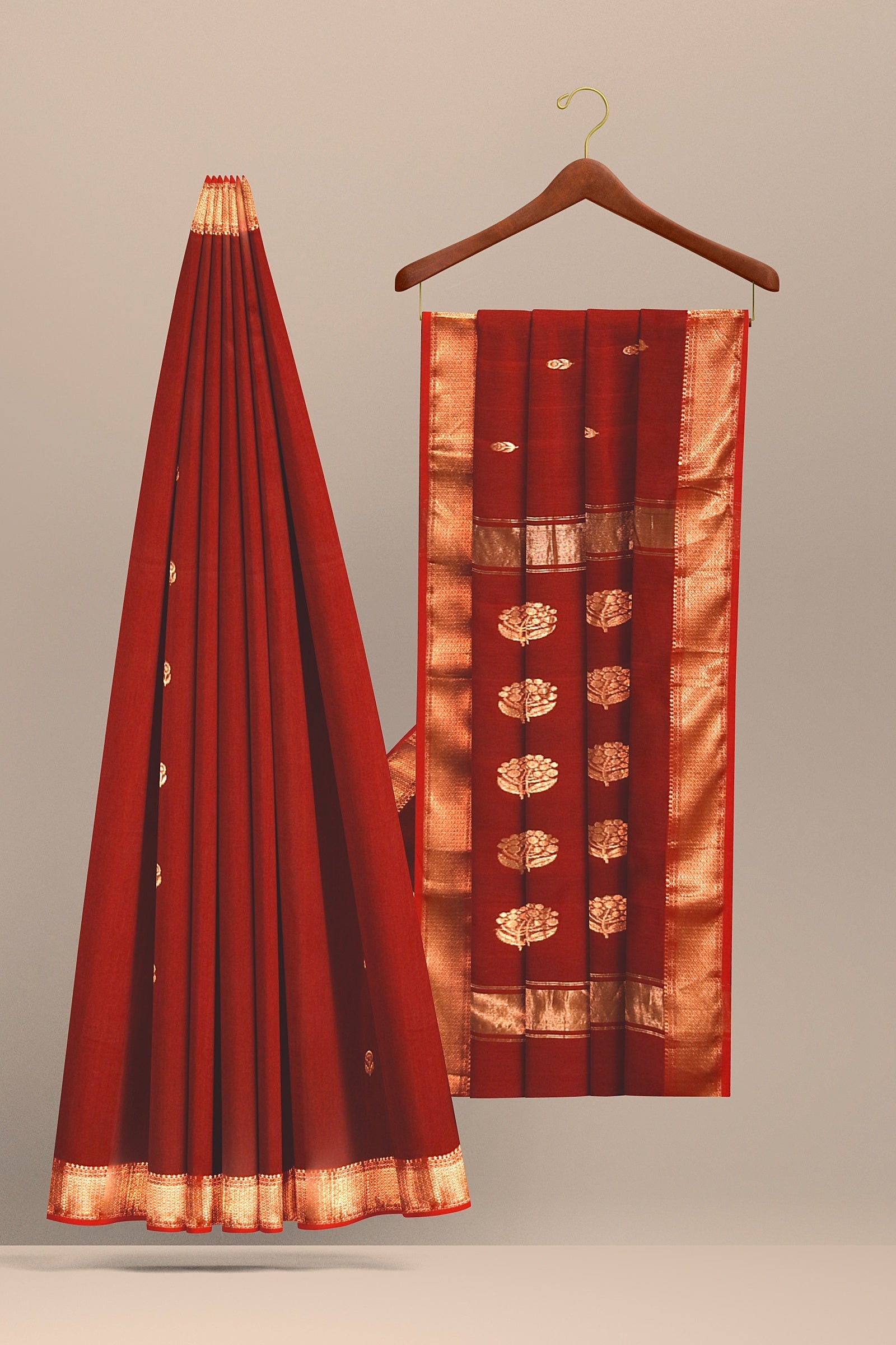 Carmine Red Handwoven Sausar Silk With Zari Border and Floral Buta Pallu SKU- BS10067 - Bhartiya Shilp