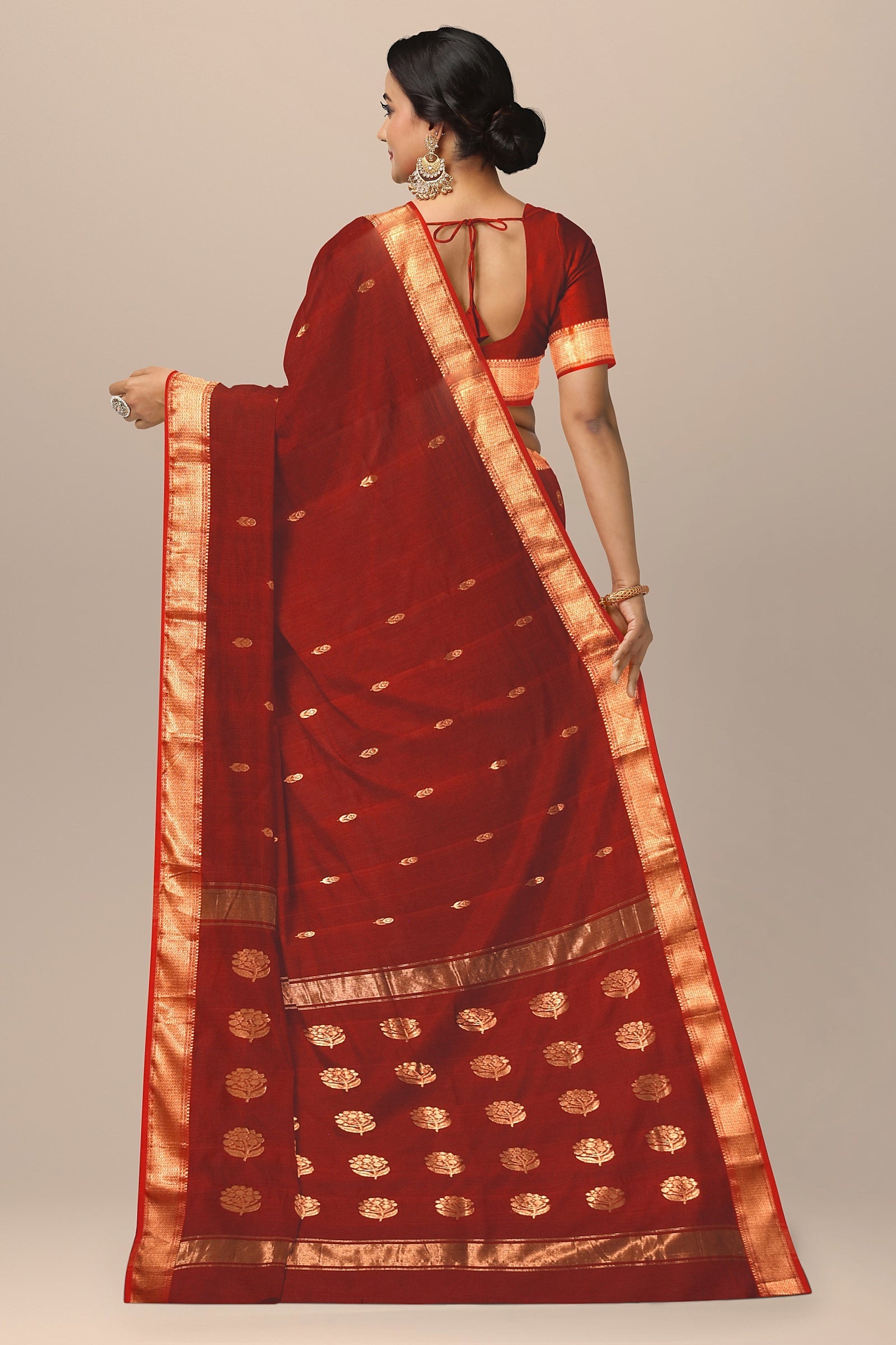 Carmine Red Handwoven Sausar Silk With Zari Border and Floral Buta Pallu SKU- BS10067 - Bhartiya Shilp