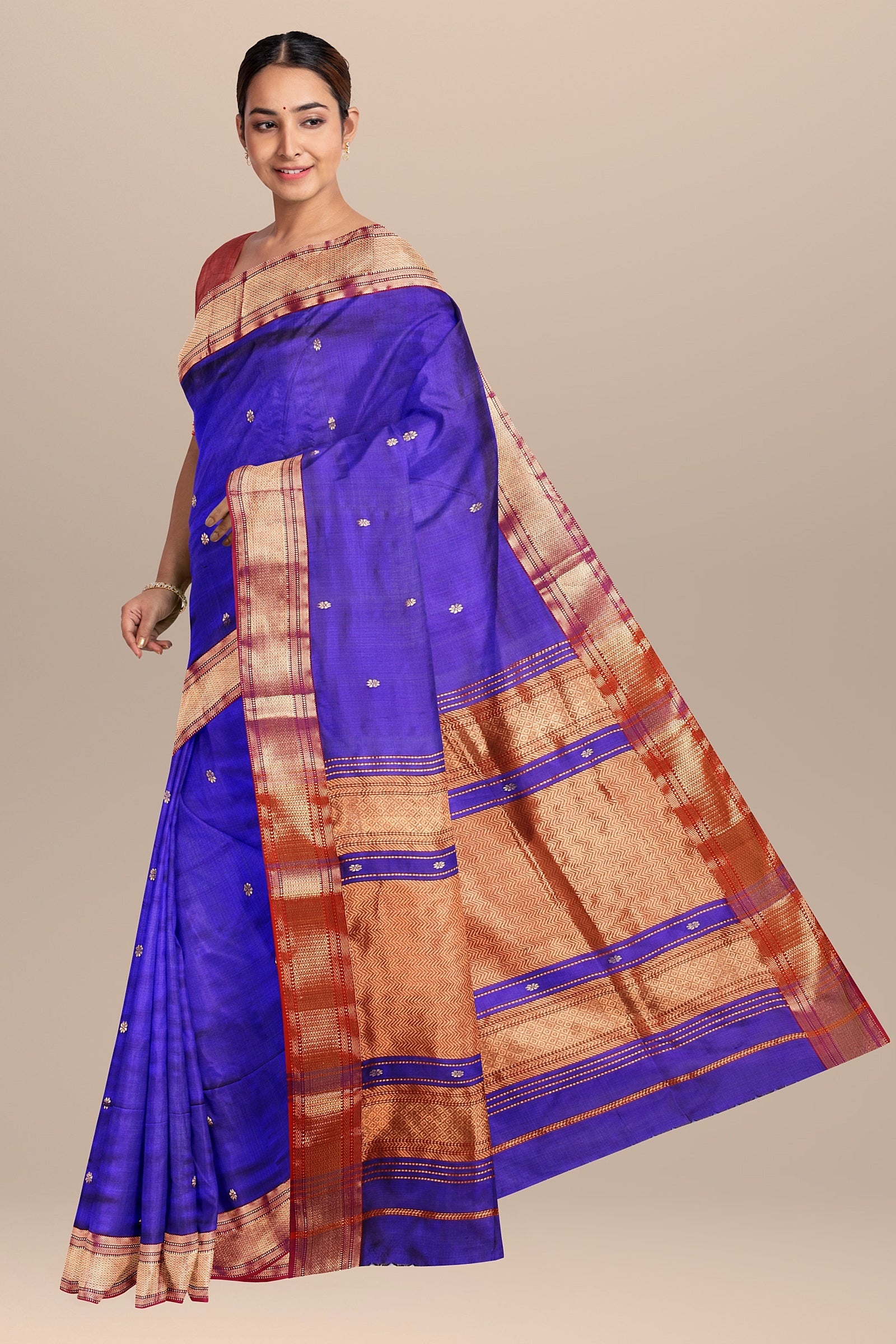 Handwoven Royal Blue Color Traditional Rui Buti Mulberry Sausar Silk with Zari Border Saree SKU-BS10069 - Bhartiya Shilp