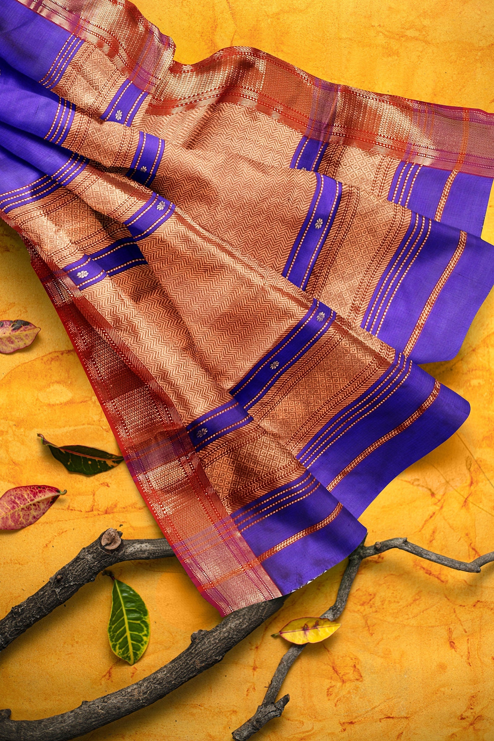 Handwoven Royal Blue Color Traditional Rui Buti Mulberry Sausar Silk with Zari Border Saree SKU-BS10069 - Bhartiya Shilp