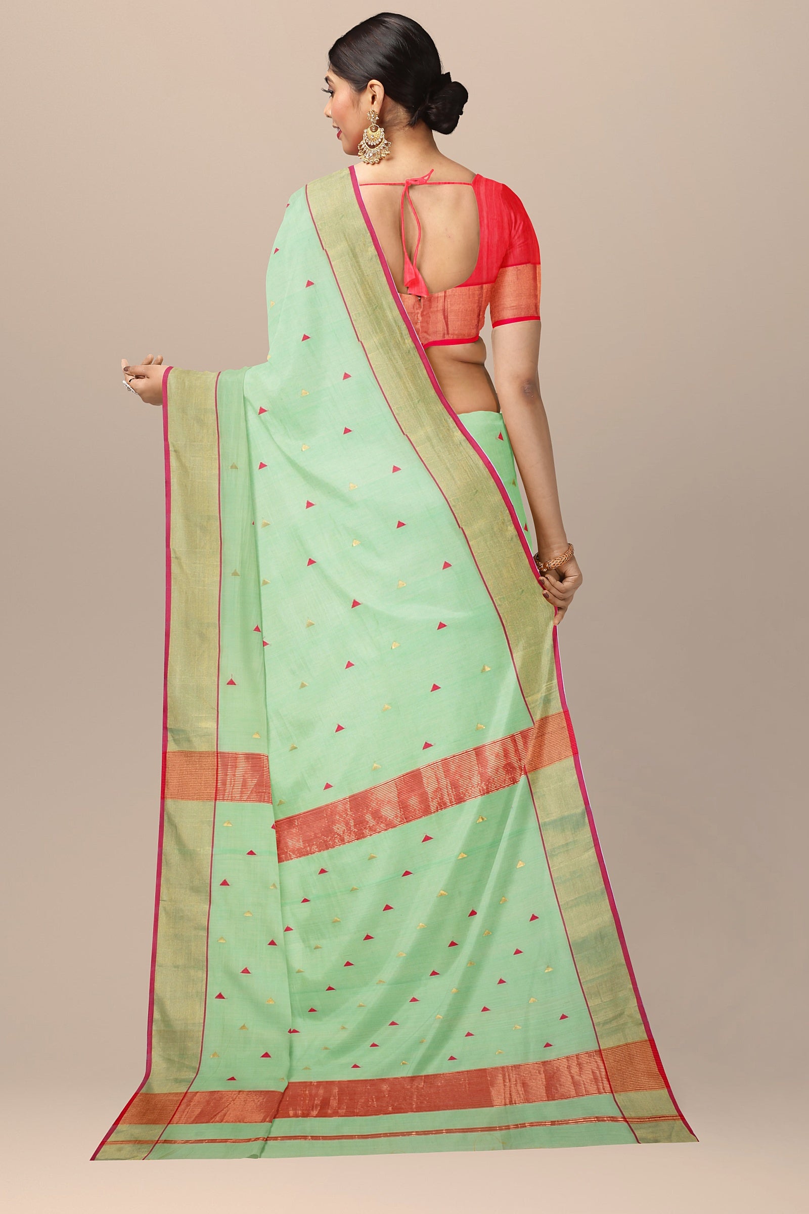 Hand Woven Light Green Color Triangle Buti Sausar Silk Saree with Zari Border SKU- BS10095 - Bhartiya Shilp
