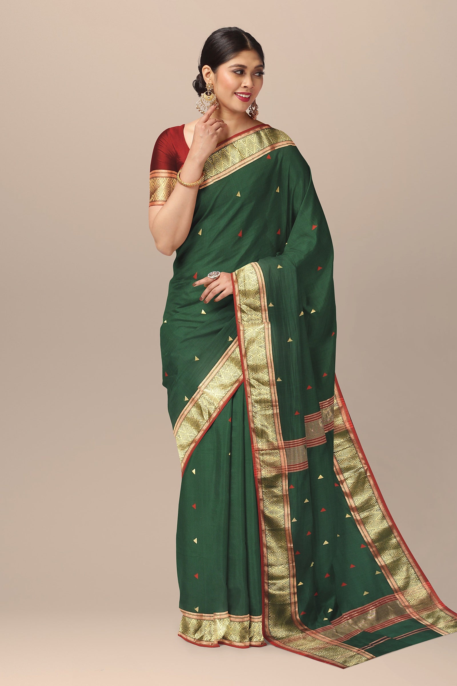 Dark Green Triangle Buti Handwoven Sausar Silk with Zari Border Saree SKU-BS10098 - Bhartiya Shilp