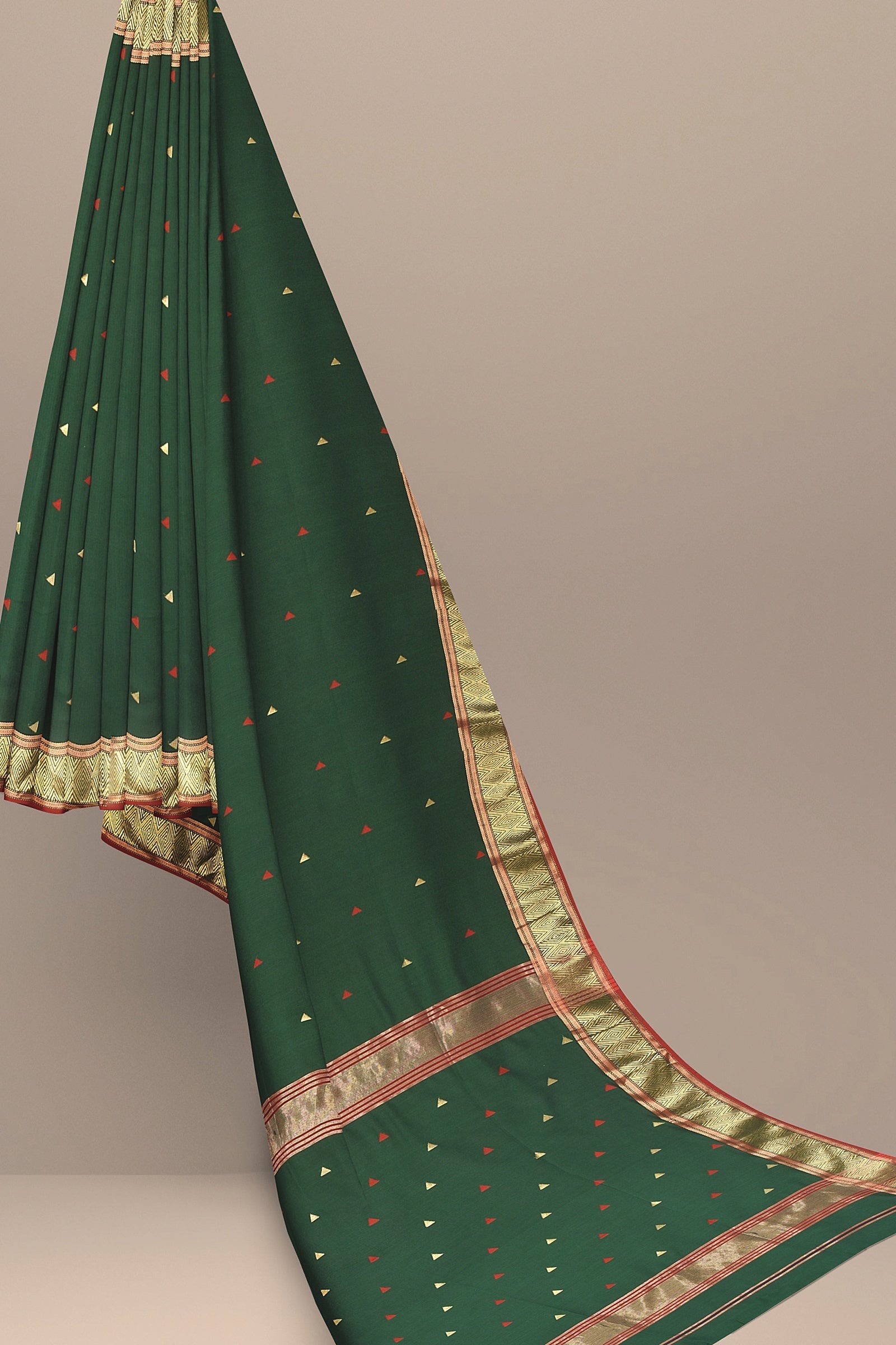 Dark Green Triangle Buti Handwoven Sausar Silk with Zari Border Saree SKU-BS10098 - Bhartiya Shilp