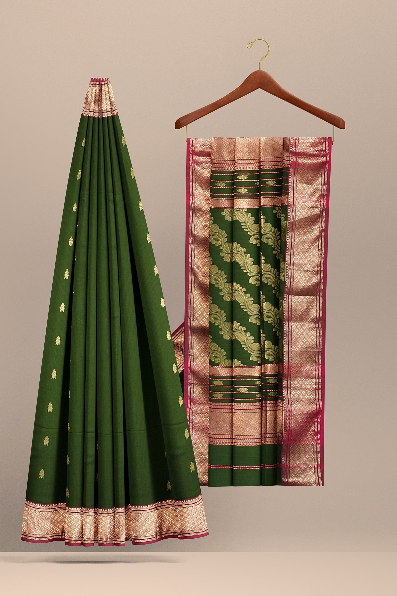 Mehndi Green Traditional Buti Handwoven Sausar Silk with Zari Border and Bel Palla SKU - BS10102 - Bhartiya Shilp
