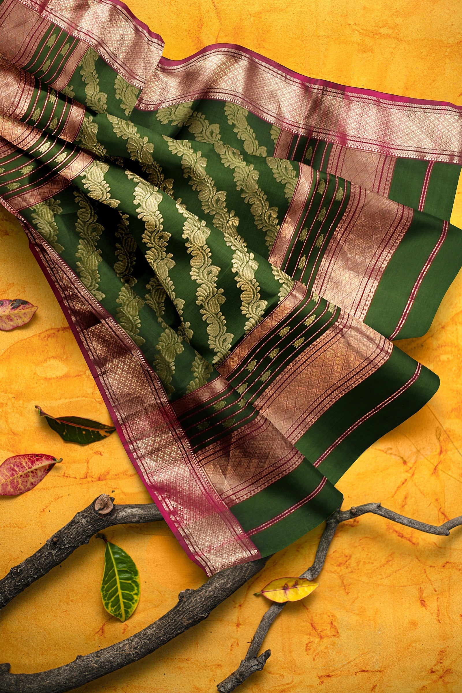 Mehndi Green Traditional Buti Handwoven Sausar Silk with Zari Border and Bel Palla SKU - BS10102 - Bhartiya Shilp