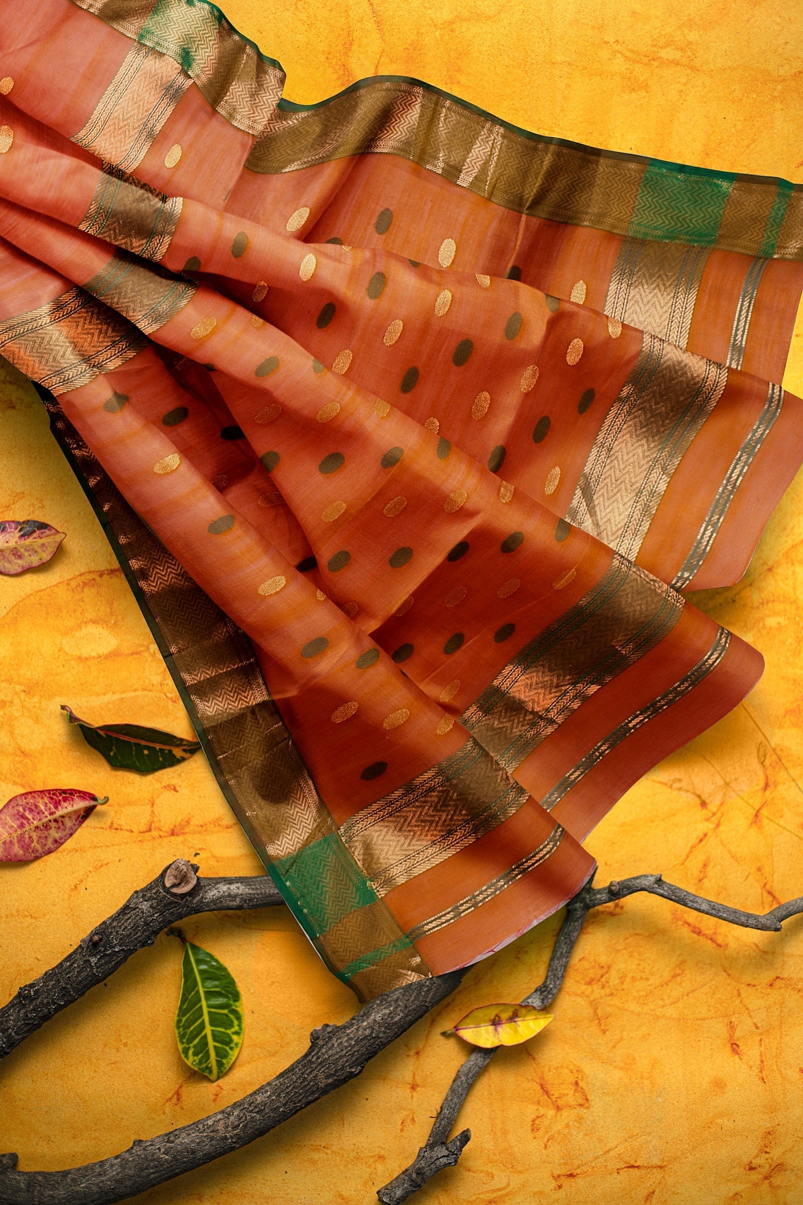 Hand Woven Yam Orange Color Traditional Rudraksh Buti Sausar Silk with Zari Border Saree  SKU-BS10106 - Bhartiya Shilp