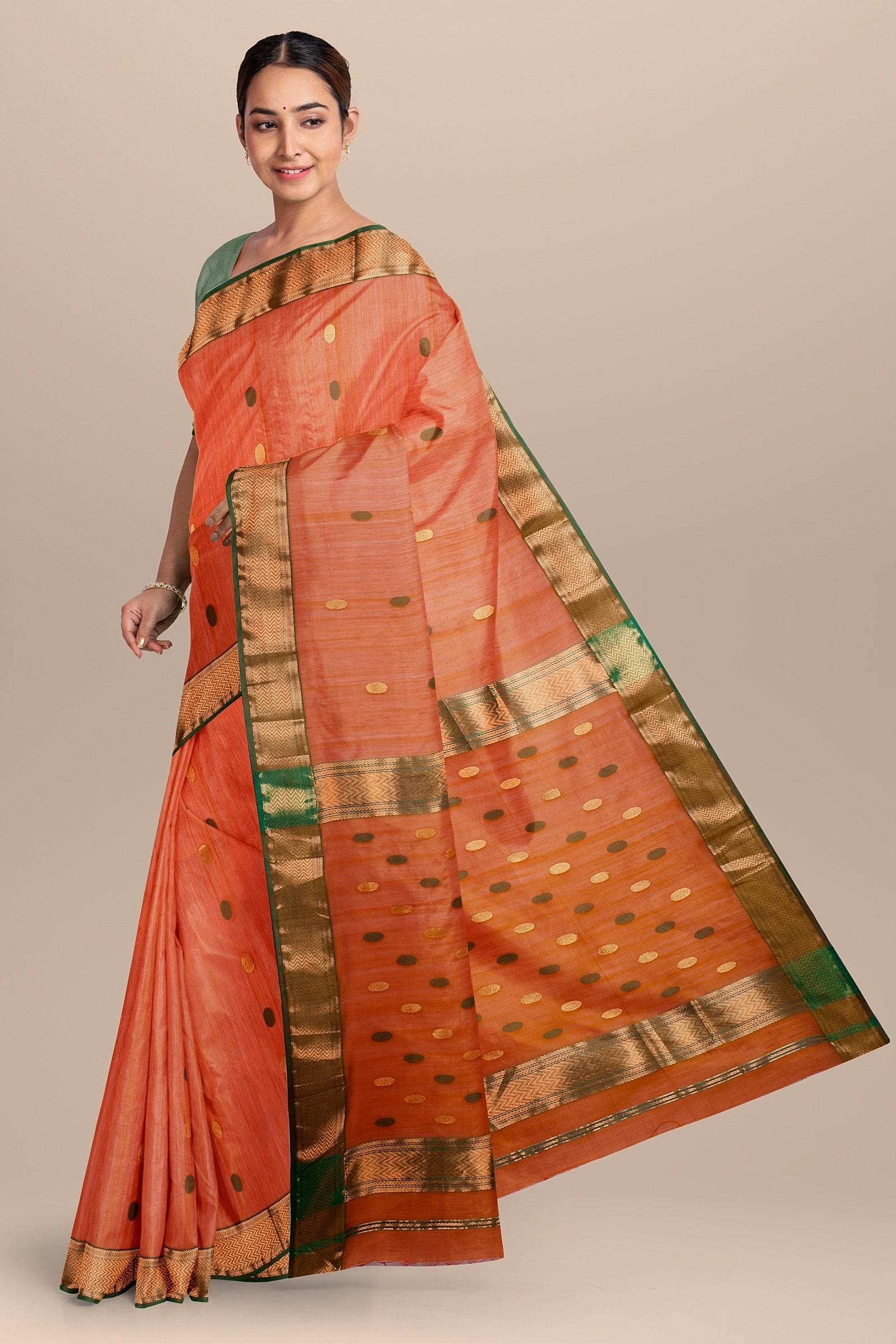 Hand Woven Yam Orange Color Traditional Rudraksh Buti Sausar Silk with Zari Border Saree  SKU-BS10106 - Bhartiya Shilp