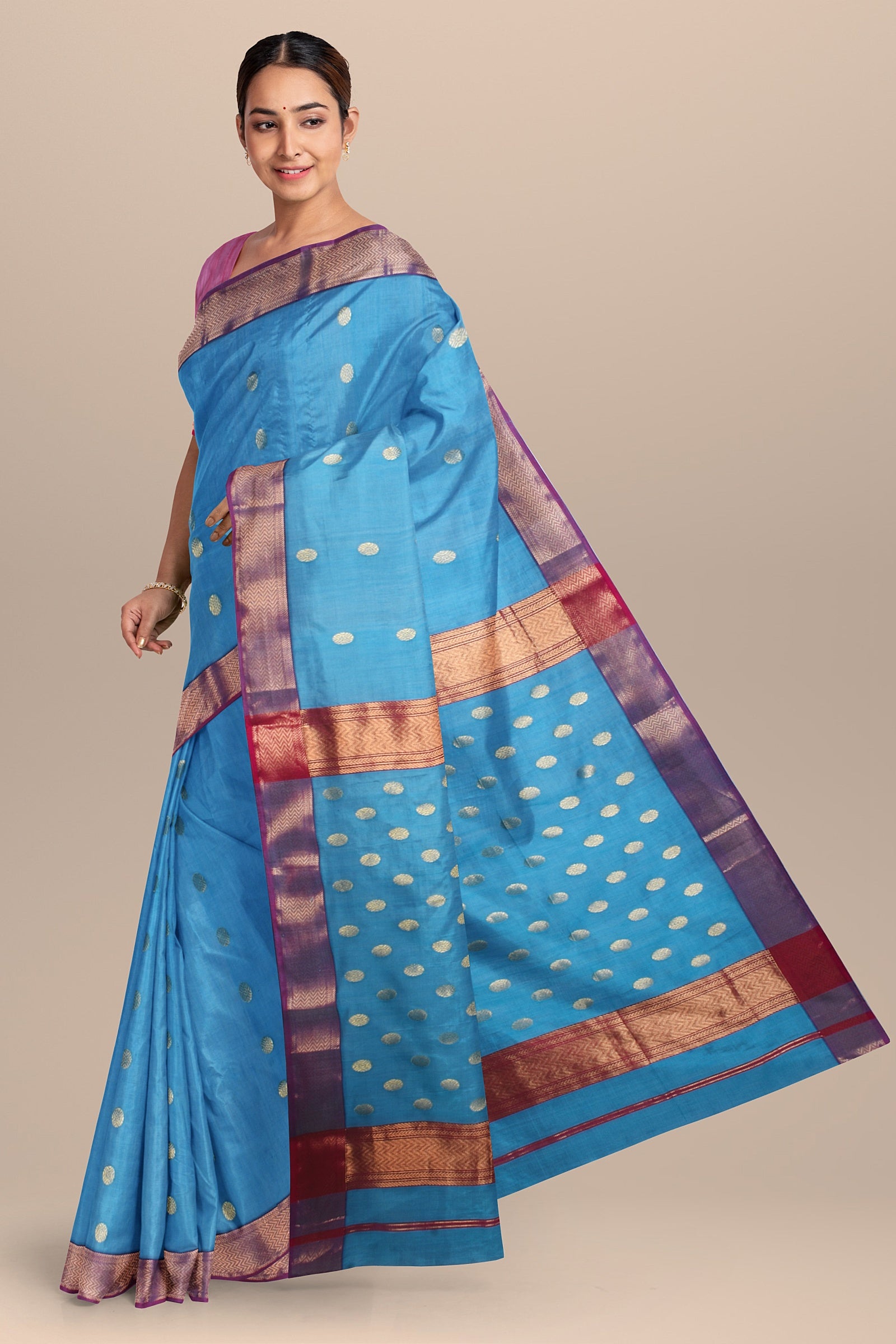 Sky Blue Rudraksh Buti Handwoven Sausar Silk with Zari Border SKU-BS10108 - Bhartiya Shilp