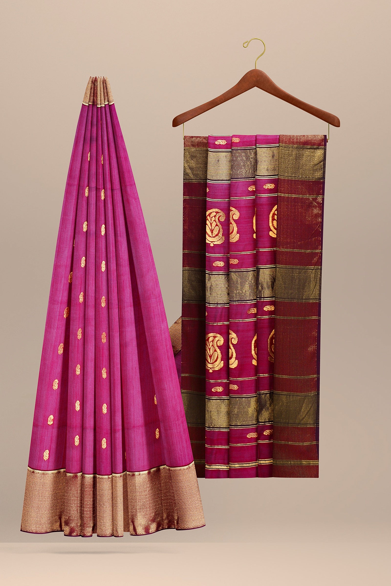 Hand Woven Rani Pink Color Traditional Buti Sausar Silk with Zari Border and Carry Buta Print Saree SKU-BS10113 - Bhartiya Shilp