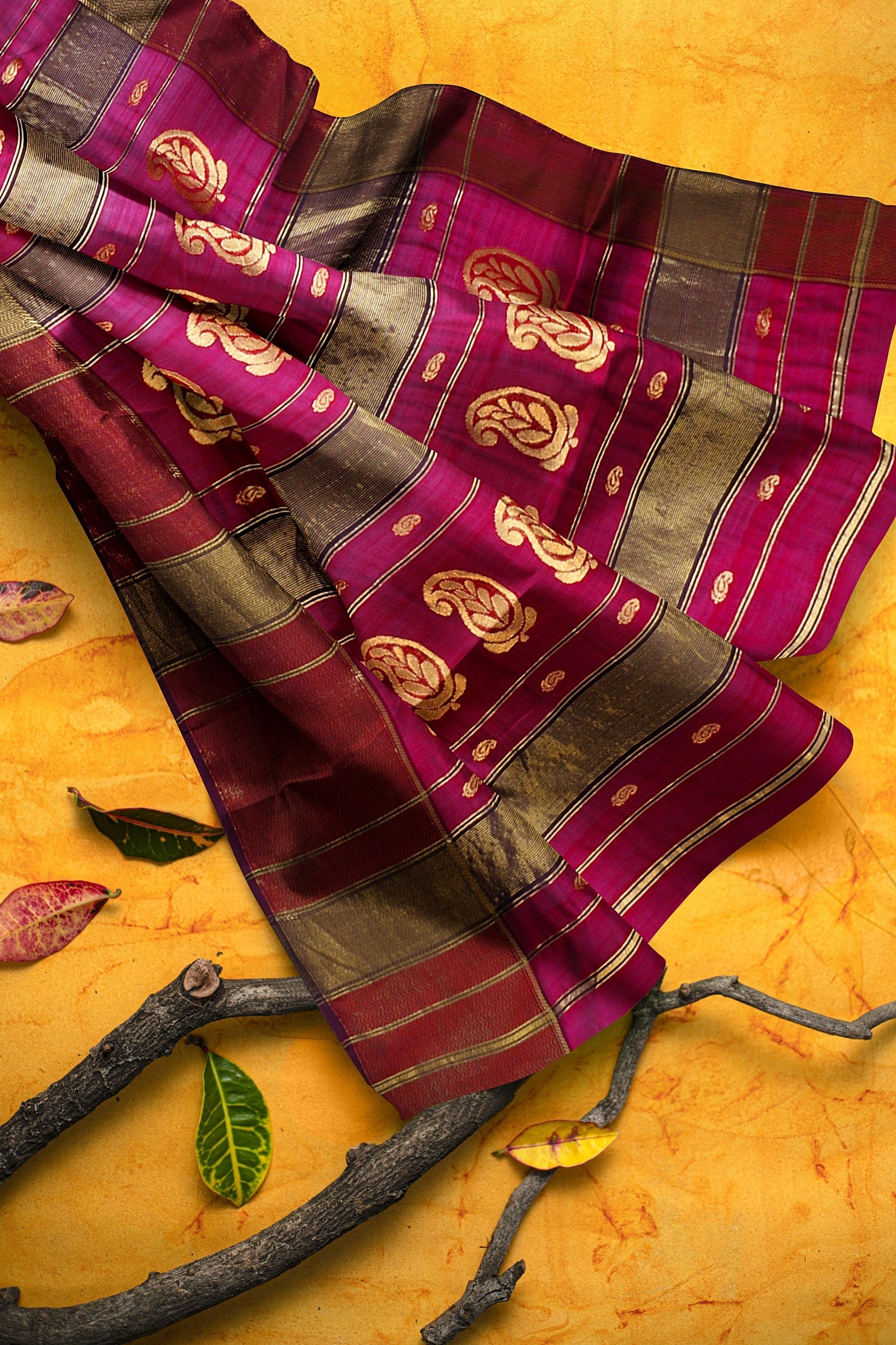 Hand Woven Rani Pink Color Traditional Buti Sausar Silk with Zari Border and Carry Buta Print Saree SKU-BS10113 - Bhartiya Shilp