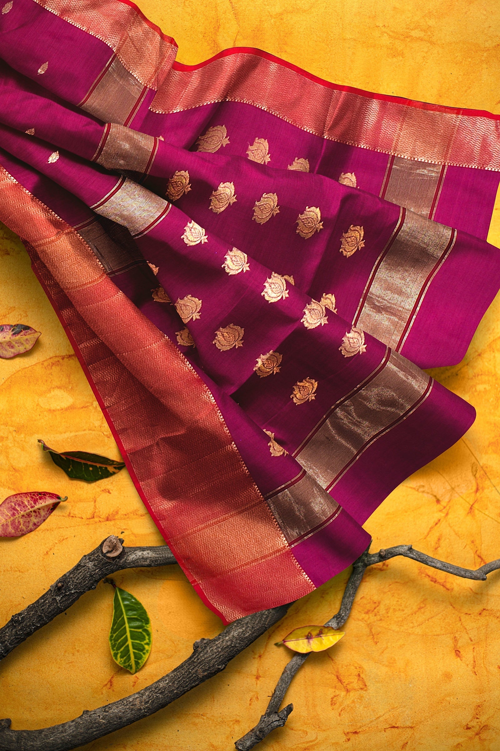 Handwoven Rani Pink Color Traditional Buti Sausar Silk Saree  with Zari Border and Buta Palla SKU-BS10114 - Bhartiya Shilp