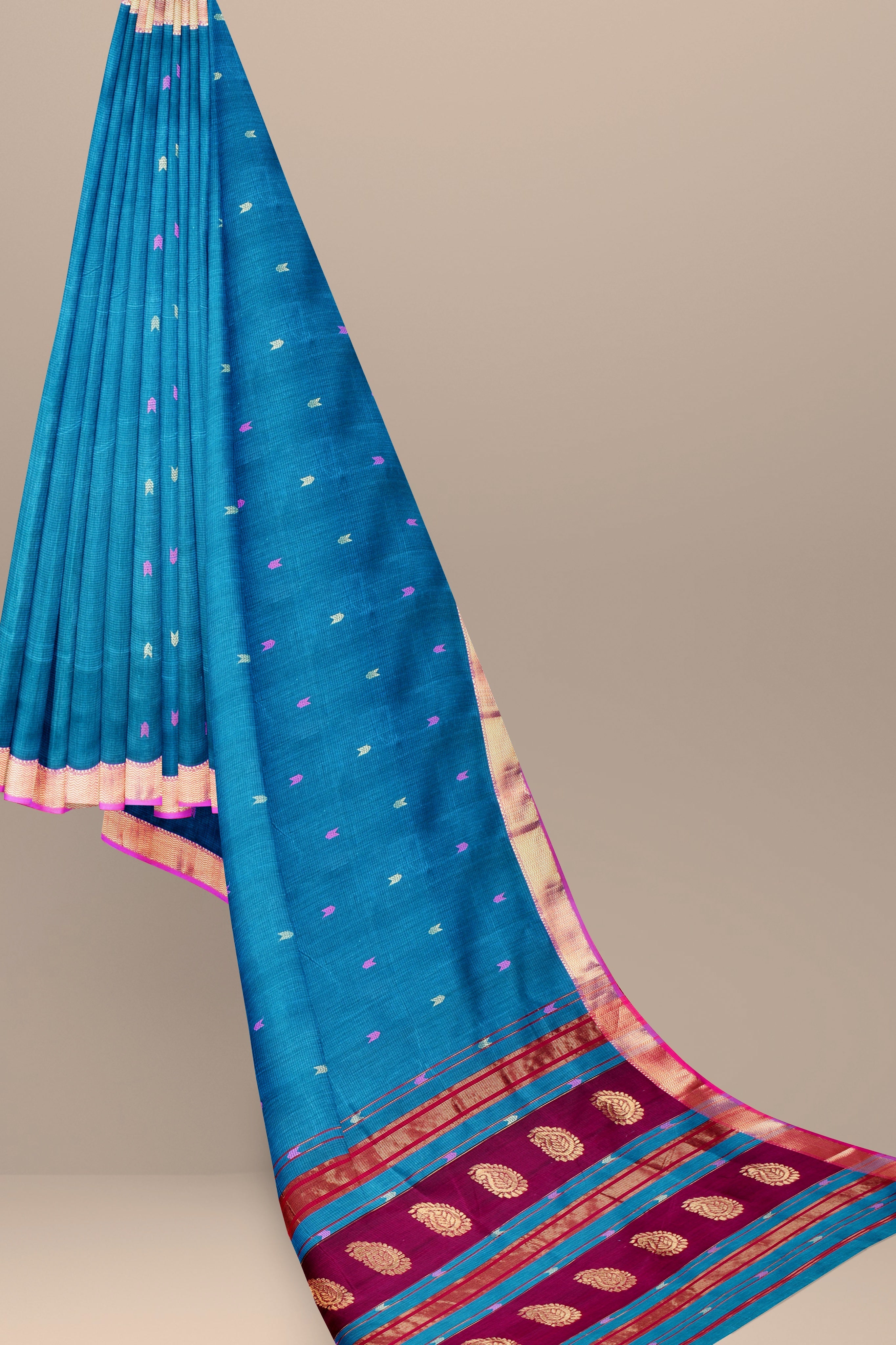 Handwoven Blue Color Traditional Buti Sausar Silk Saree with Zari Border and Carry Buta Palla SKU- BS10129 - Bhartiya Shilp