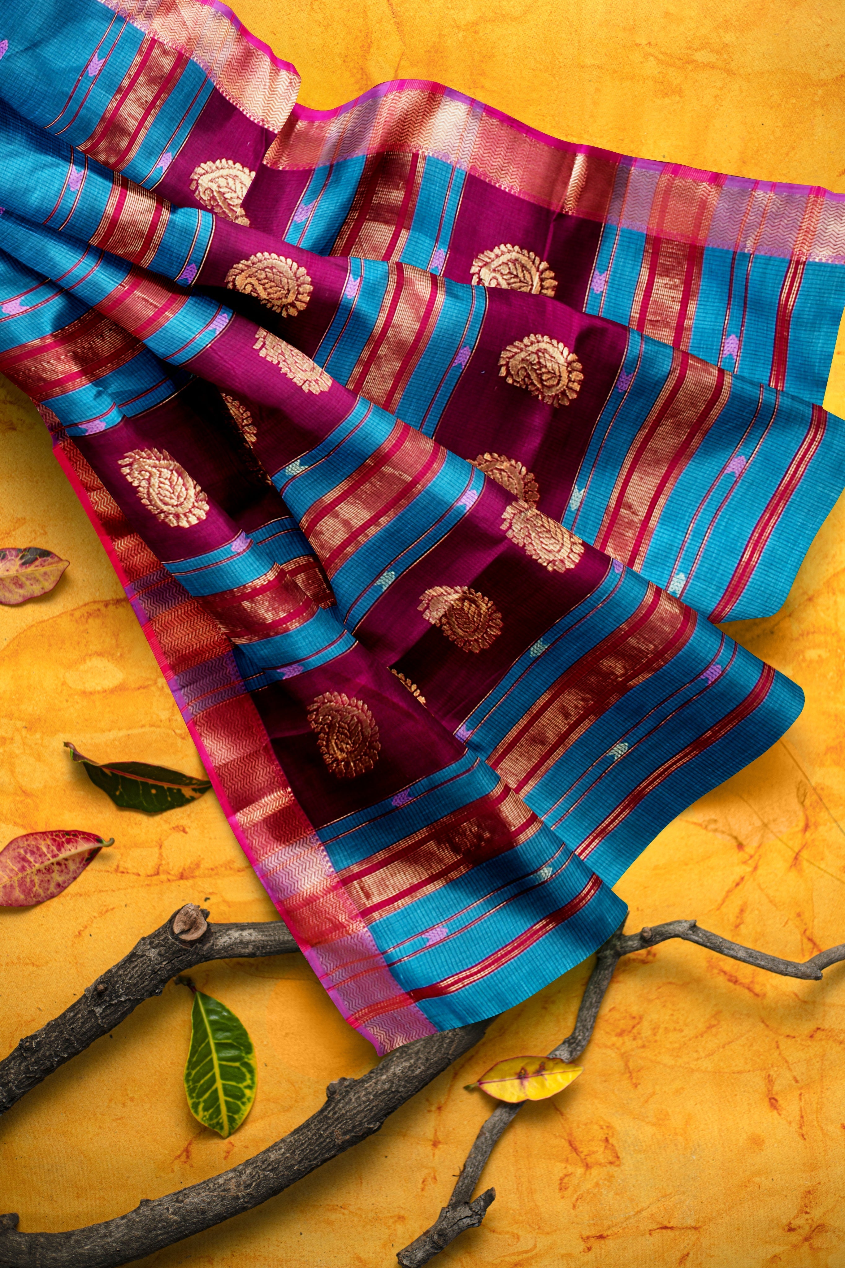 Handwoven Blue Color Traditional Buti Sausar Silk Saree with Zari Border and Carry Buta Palla SKU- BS10129 - Bhartiya Shilp