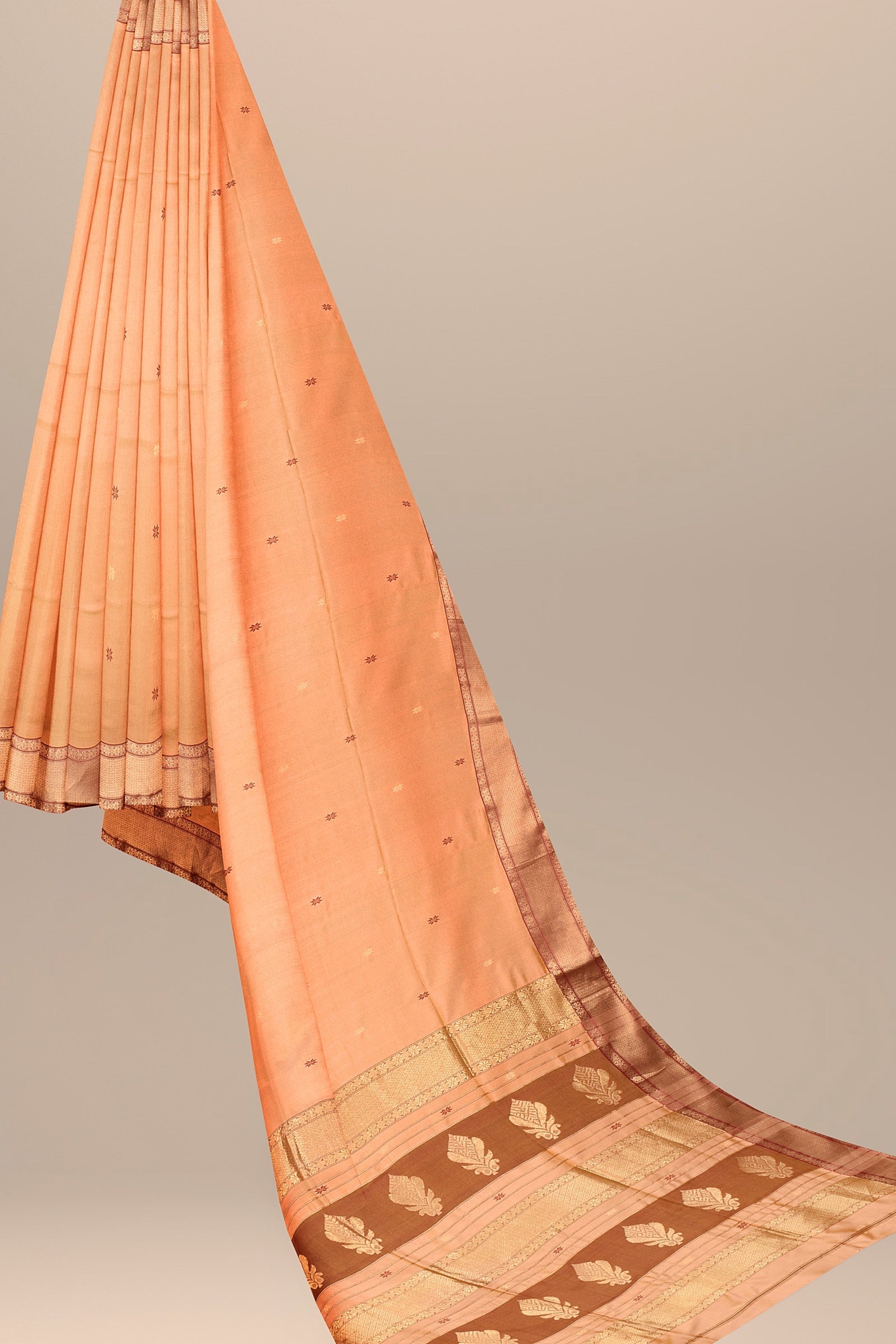 Handwoven Golden Orange Color Traditional Buti Mulberry Sausar Silk with Broad Zari Border Saree  SKU-BS10135 - Bhartiya Shilp