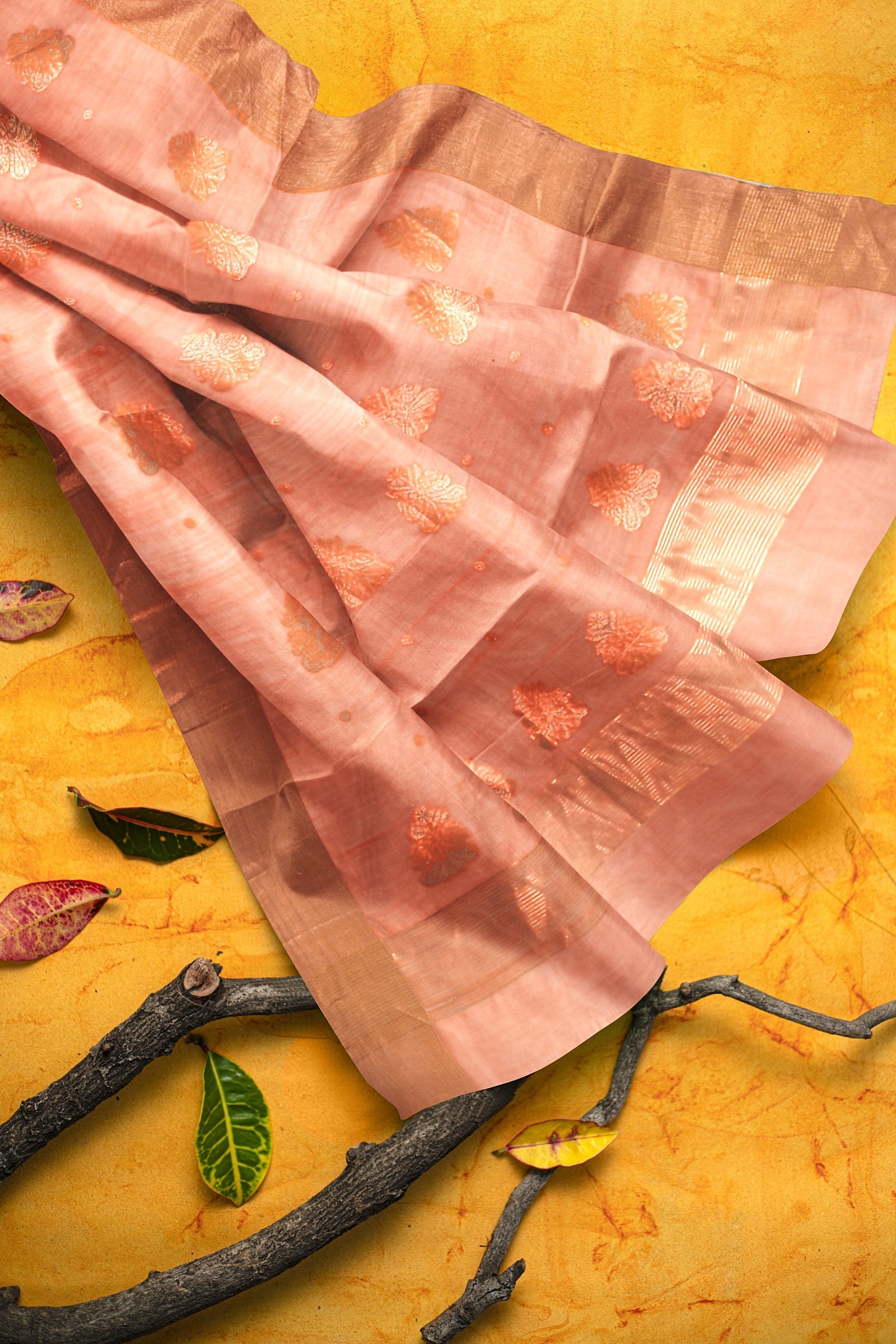 Peach Color Handwoven Traditional Floral Buta Chanderi With Golden Zari Border SKU - BS10153 - Bhartiya Shilp