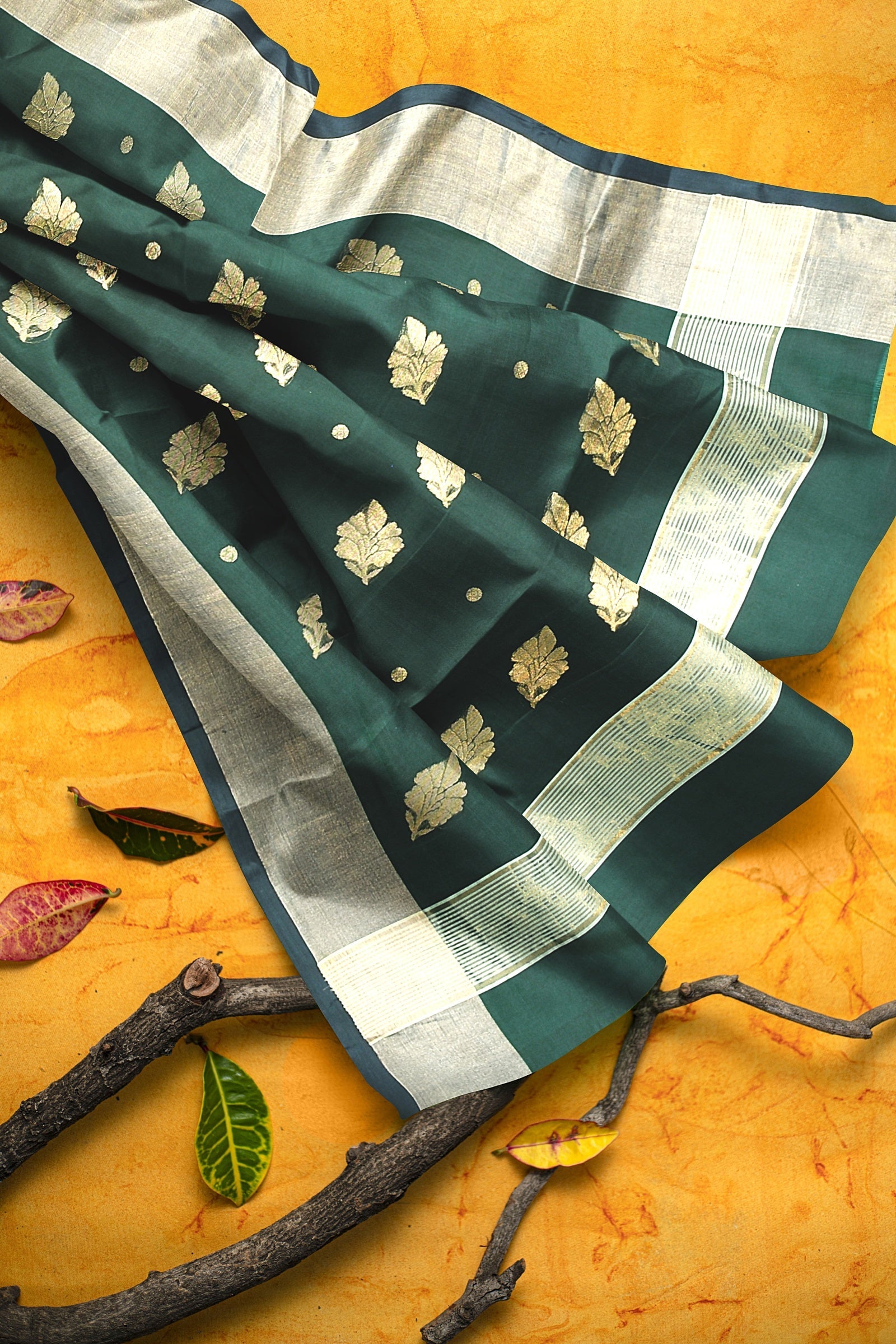 Pine Green Handwoven Traditional Floral Buta Chanderi With Golden Zari Border SKU - BS10155 - Bhartiya Shilp