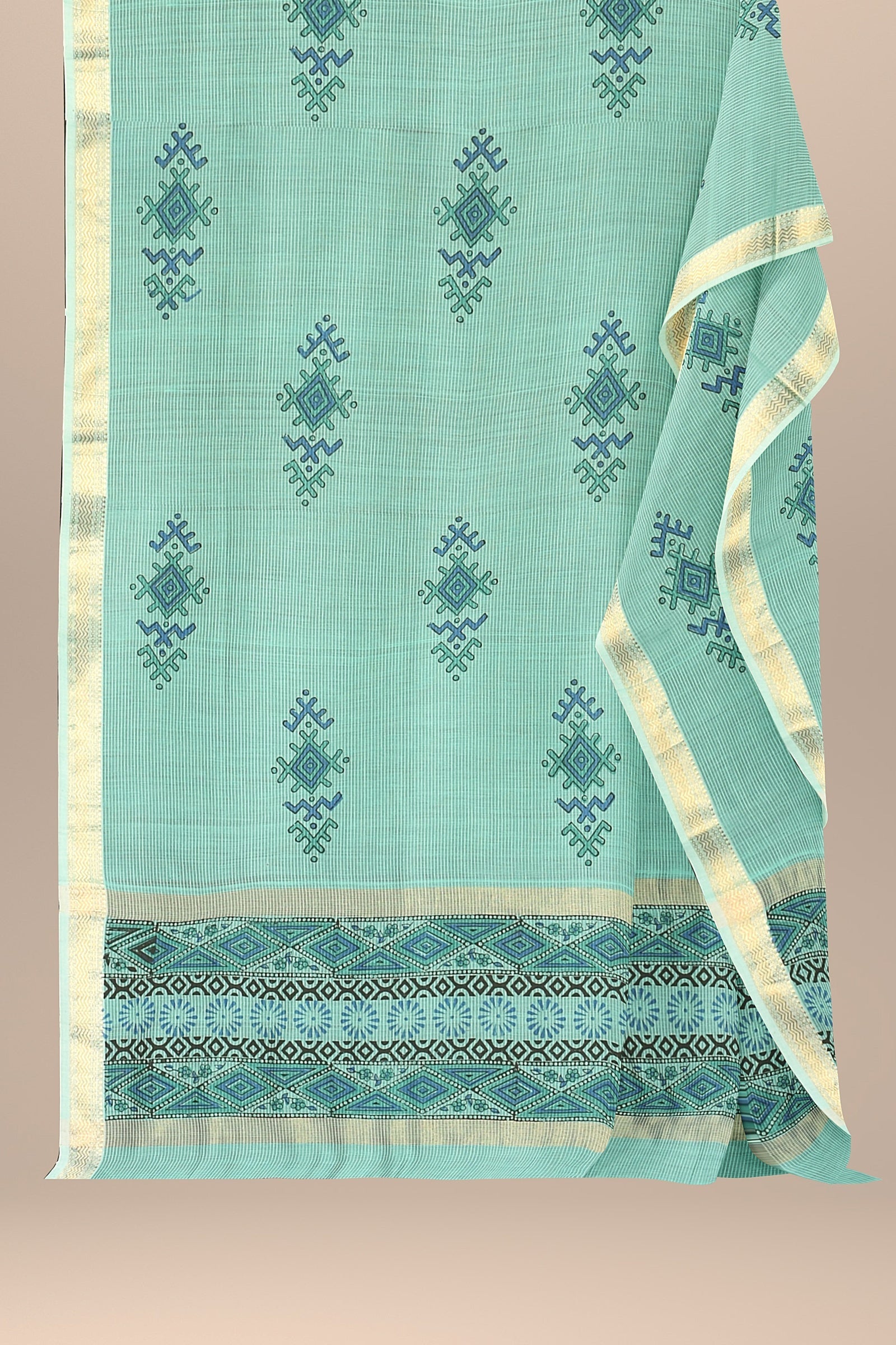 Mint Green Geometrical Pattern Handwoven Hand Block Print Sausar Silk SKU-BS20042 - Bhartiya Shilp