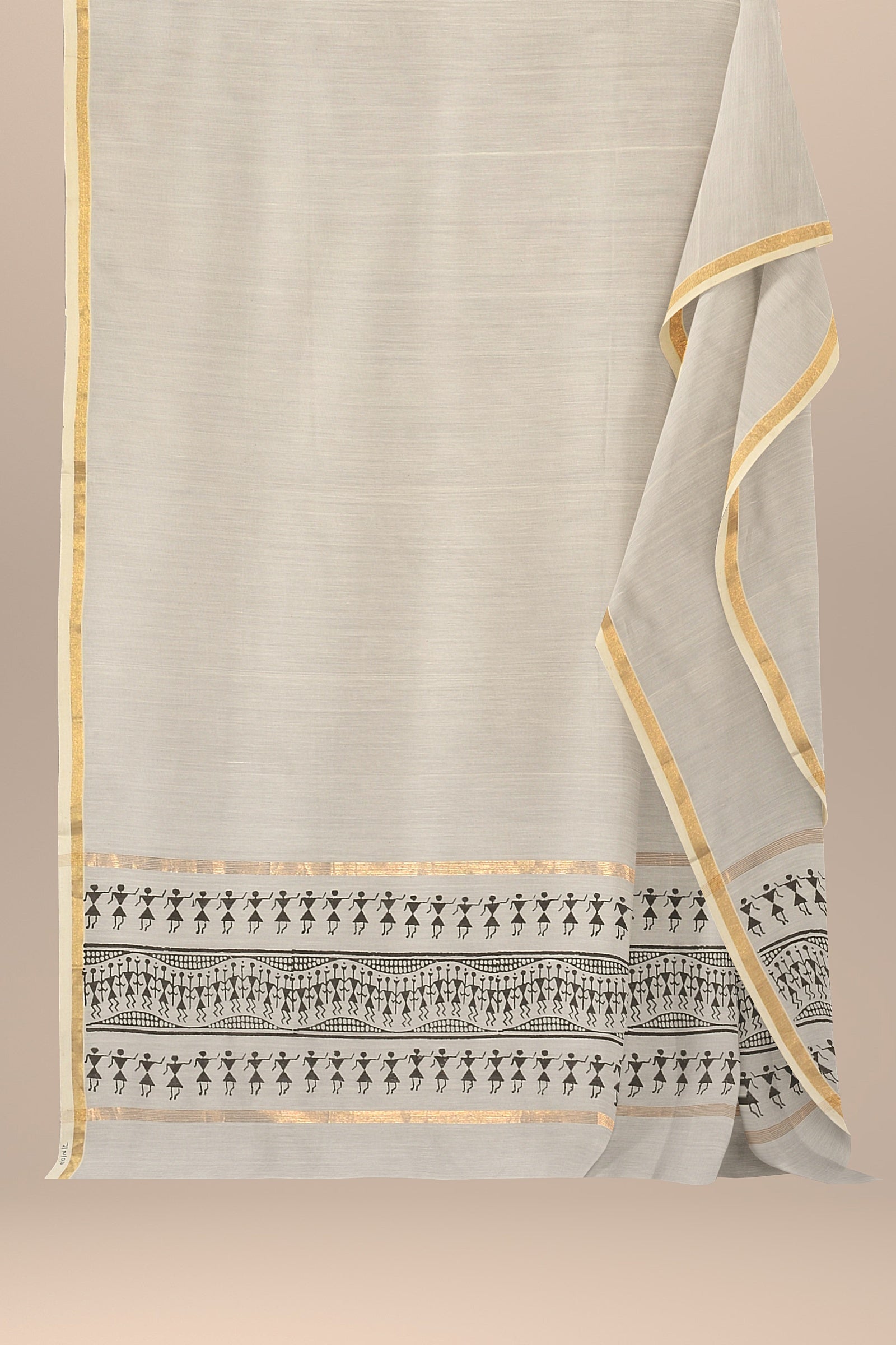 White Warli Motif Handwoven Hand Block Print Sausar Silk Dupatta SKU-BS20047 - Bhartiya Shilp