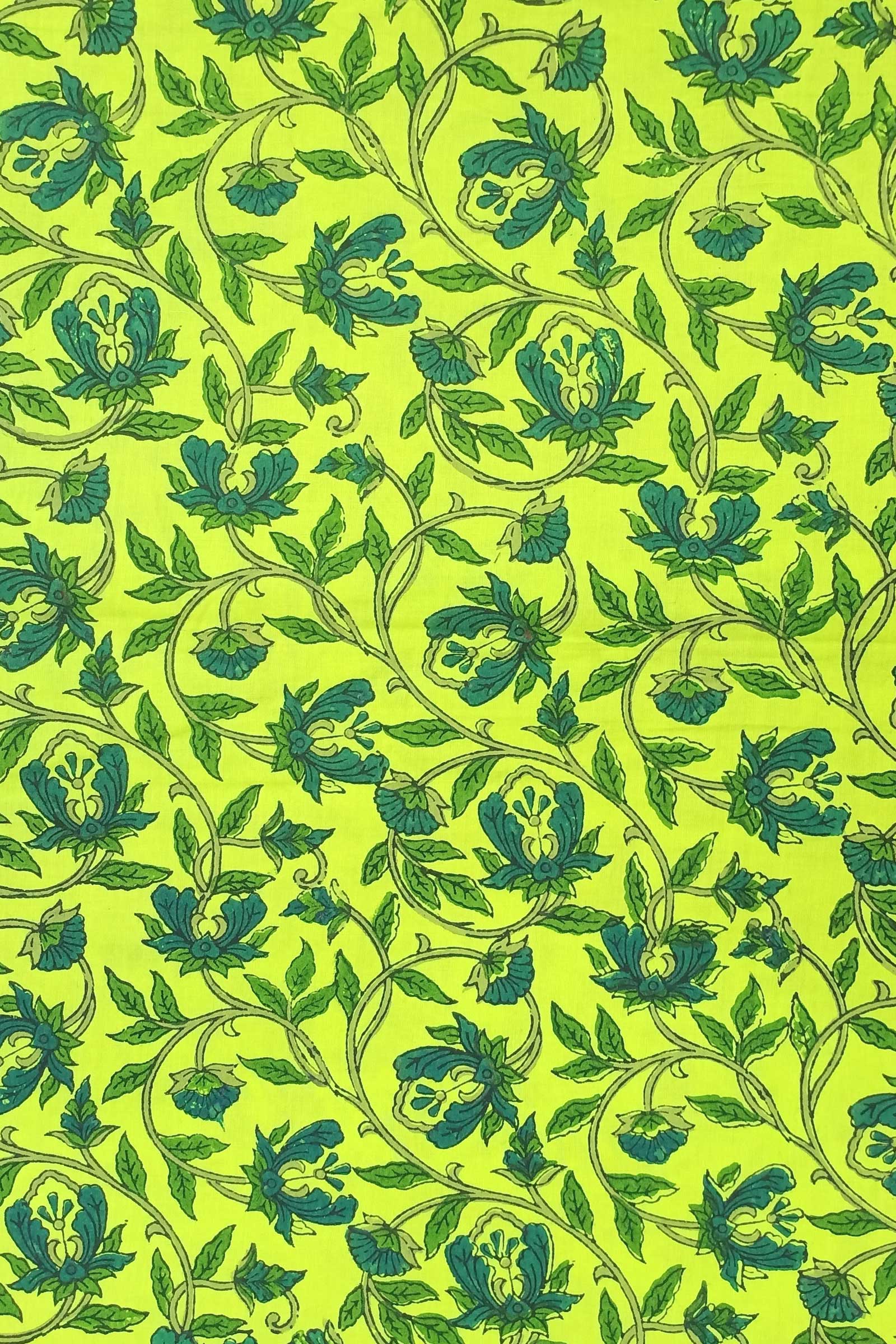 Chippa Hand Block Printed Cotton Fabric With  Parrot Green  Multicolor Floral Motif  SKU- BS60001 - Bhartiya Shilp