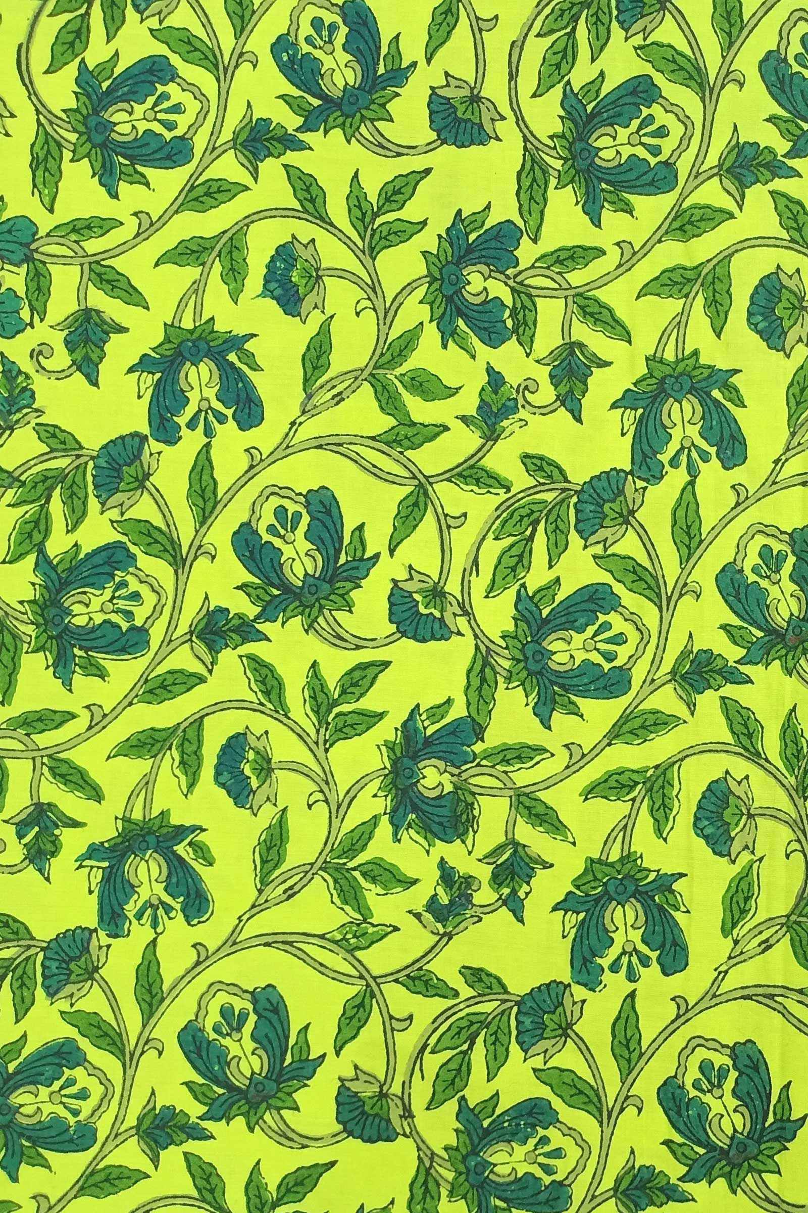 Chippa Hand Block Printed Cotton Fabric With  Parrot Green  Multicolor Floral Motif  SKU- BS60001 - Bhartiya Shilp