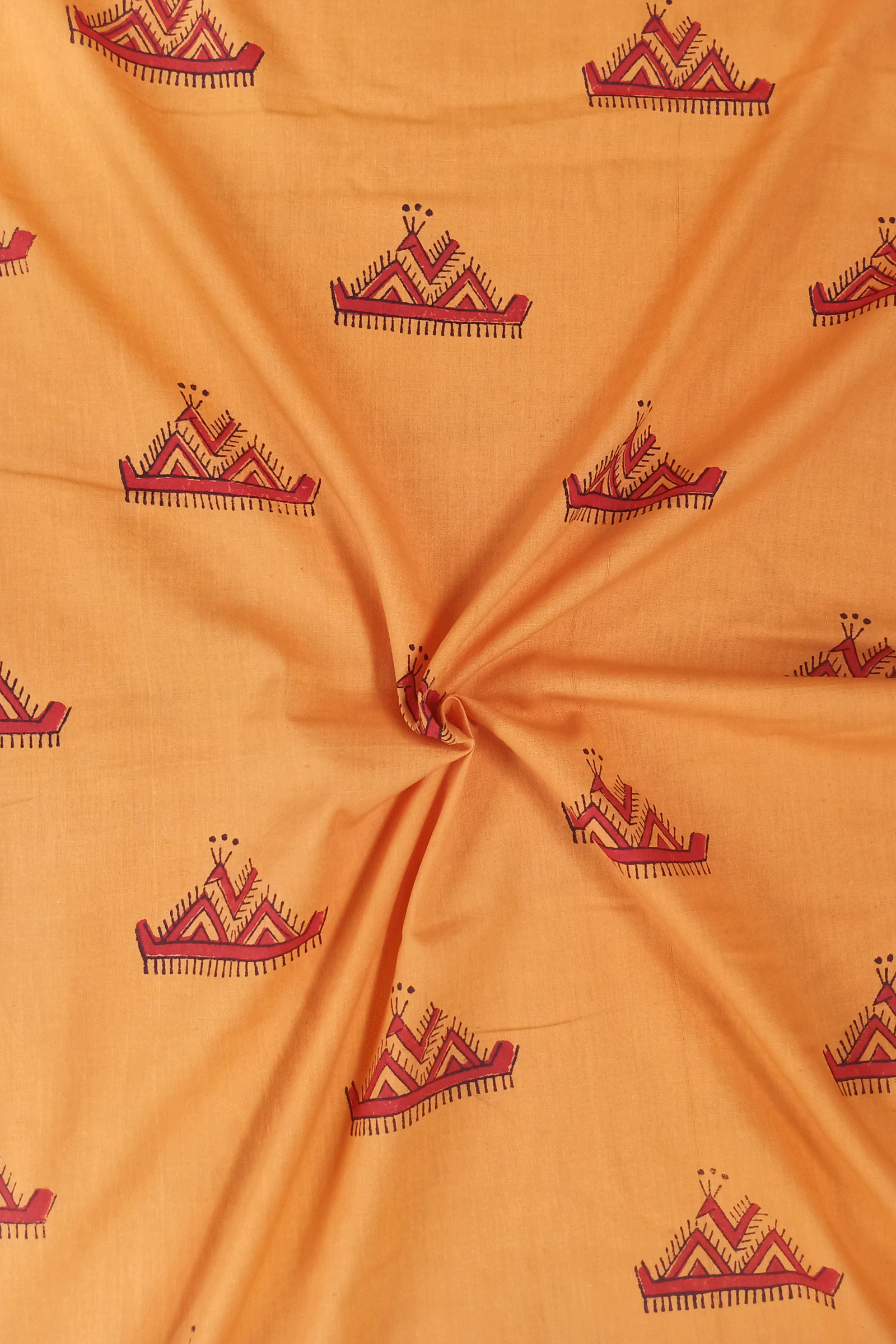 Chippa Hand Block Printed Orange Color Cotton Fabric With Black and Red Tribal Motif  SKU- BS60013 - Bhartiya Shilp