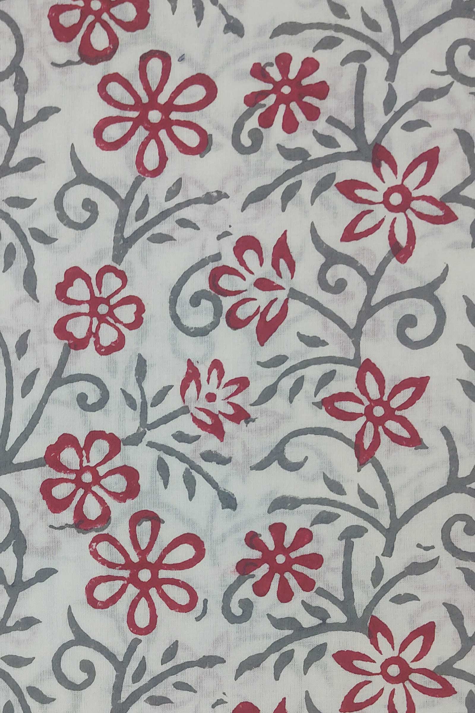 Chippa Hand Block Printed Cotton Fabric With Red and Grey Floral Motif  SKU- BS60021 - Bhartiya Shilp