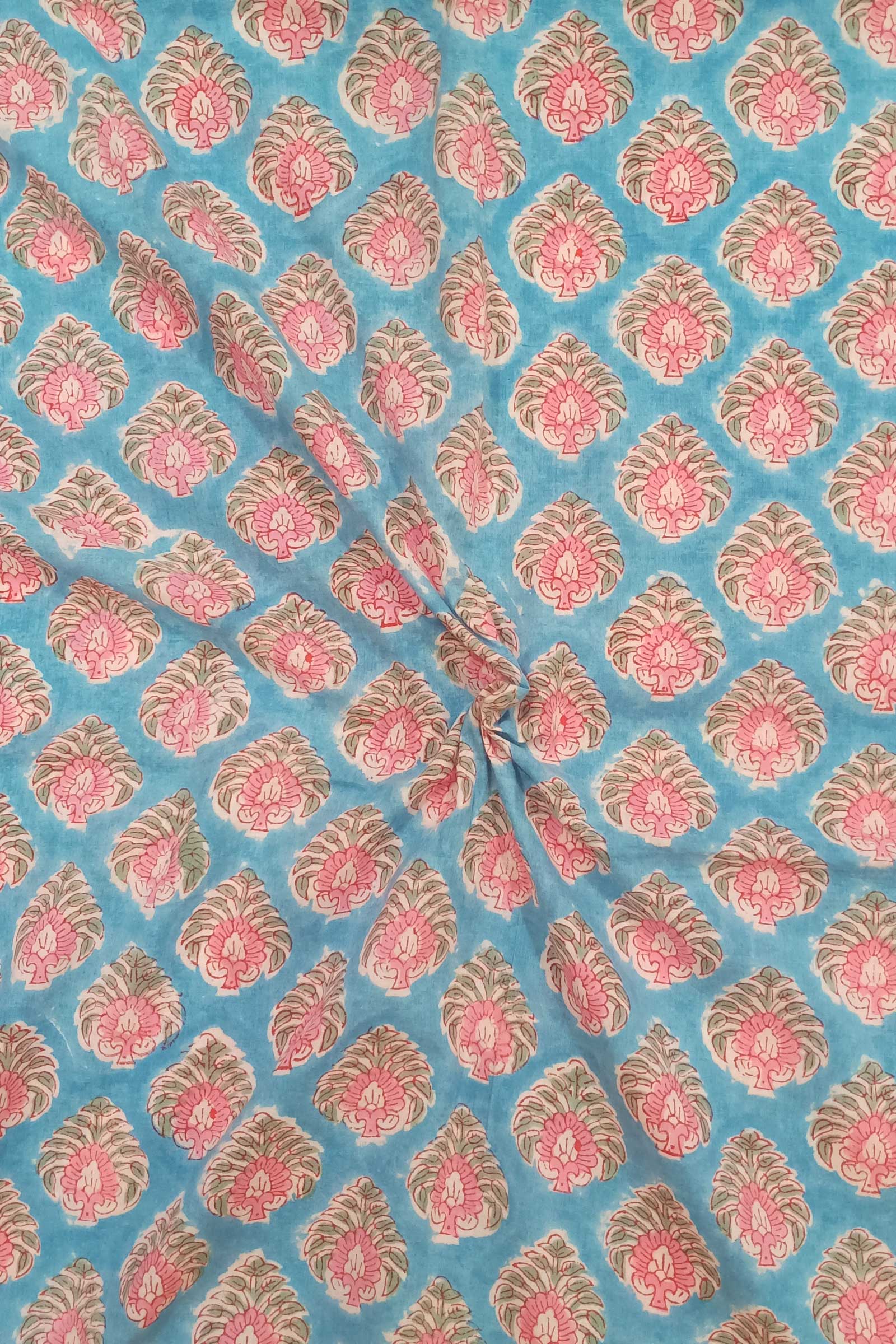 Chippa Hand Block Printed Sky Blue Color Cotton Fabric With Multicolor Floral Motif  SKU- BS60022 - Bhartiya Shilp