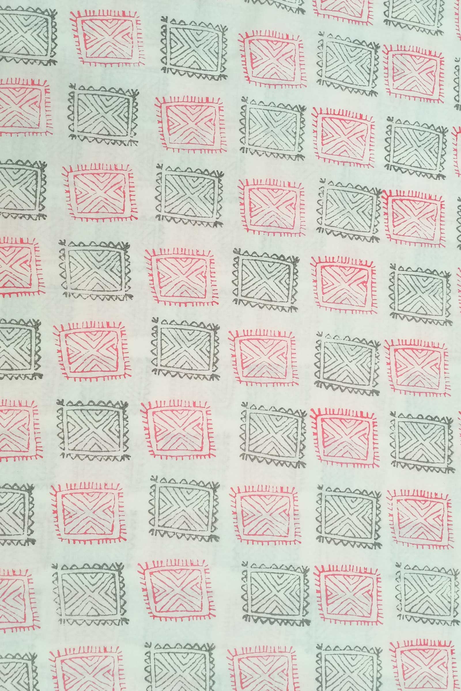 Chippa Hand Block Printed Cotton Fabric With Pink and Grey Tribal Motif  SKU- BS60038 - Bhartiya Shilp