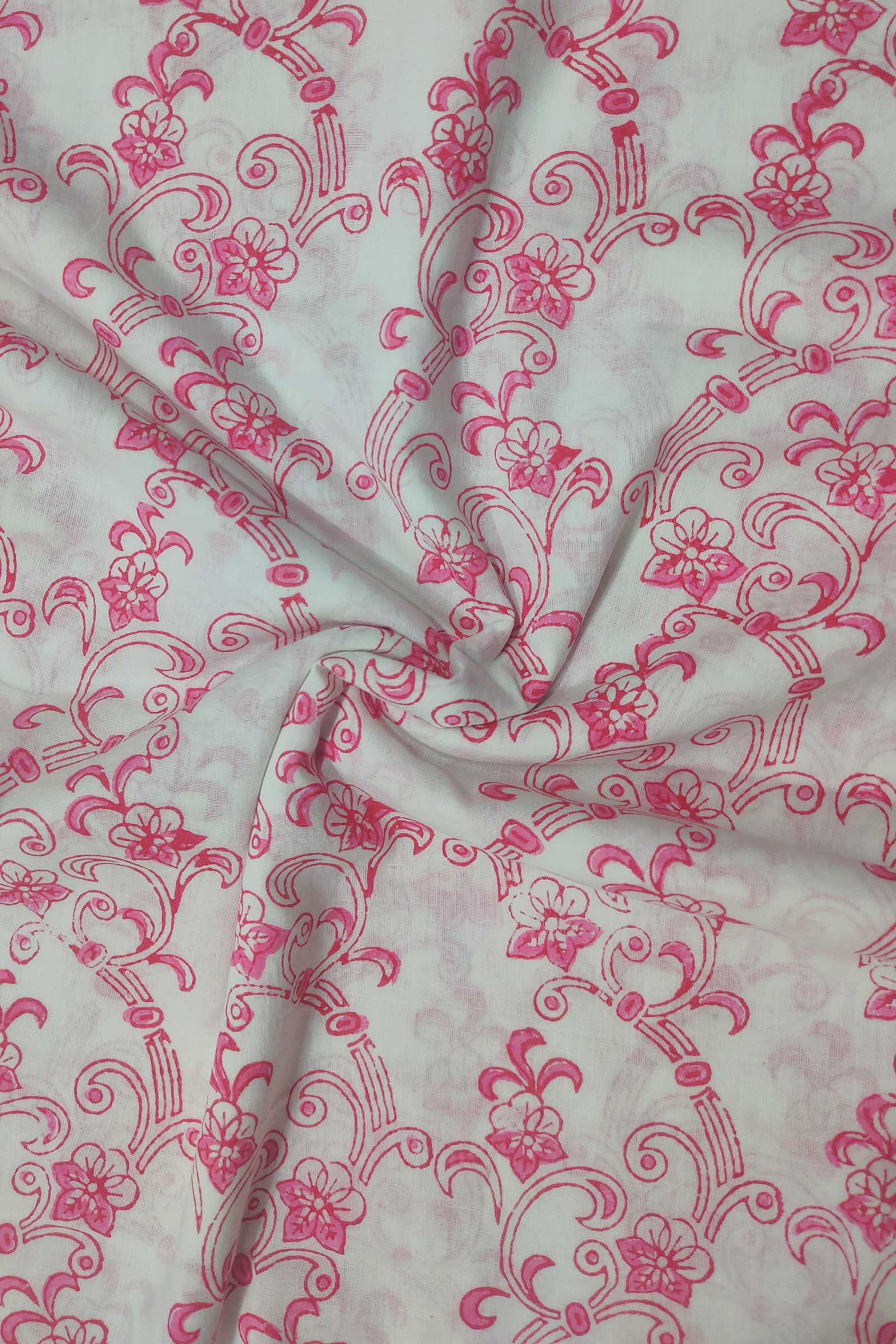 Chippa Hand Block Printed  Cotton Fabric With Pink Floral Motif  SKU- BS60040 - Bhartiya Shilp