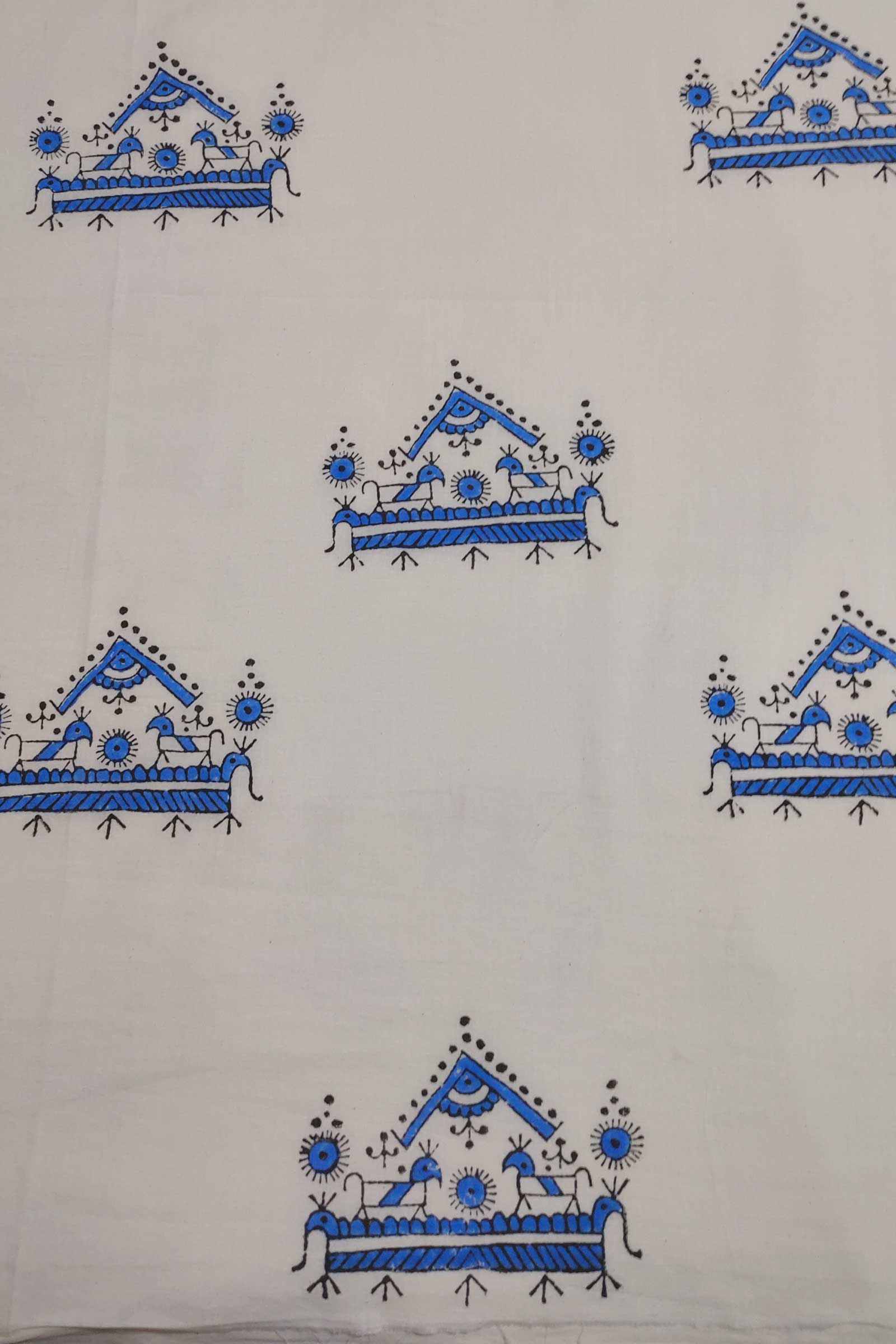 Chippa Hand Block Printed Cotton Fabric With Black and Blue Tribal Motif  SKU- BS60043 - Bhartiya Shilp