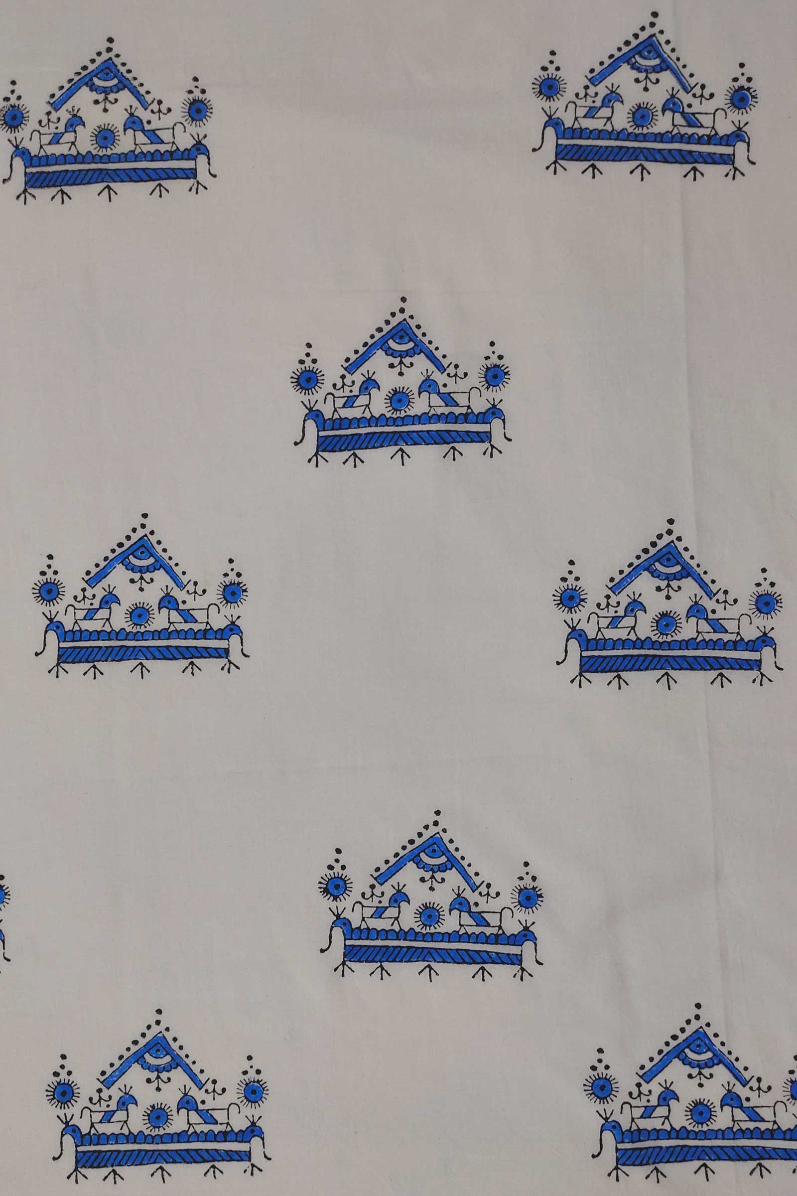 Chippa Hand Block Printed Cotton Fabric With Black and Blue Tribal Motif  SKU- BS60043 - Bhartiya Shilp