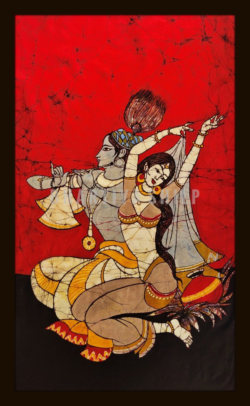 Handcrafted Shree Radha Krishna Batik Painting on Cloth 32 inches by 18.5 inches SKU-BS90001 - Bhartiya Shilp