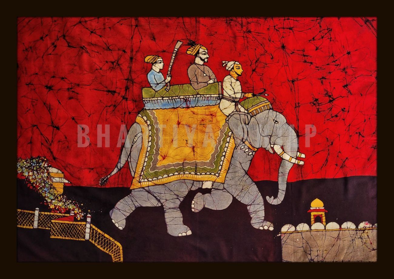 Handcrafted Warrior King Batik Painting on Cloth 35.5 inches by 24 inches SKU-BS90004 - Bhartiya Shilp