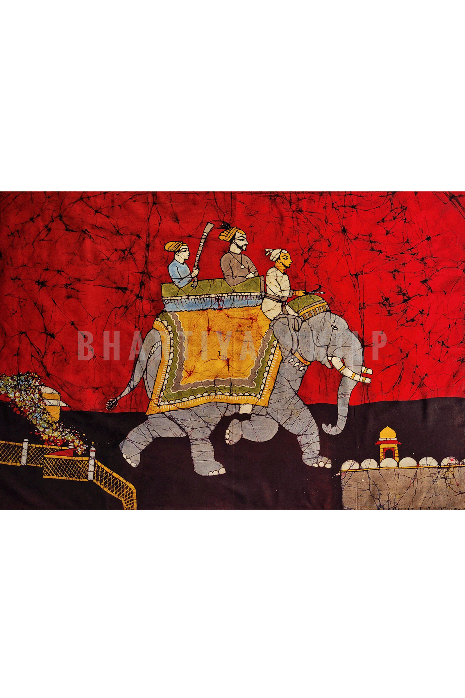 Handcrafted Warrior King Batik Painting on Cloth 35.5 inches by 24 inches SKU-BS90004 - Bhartiya Shilp