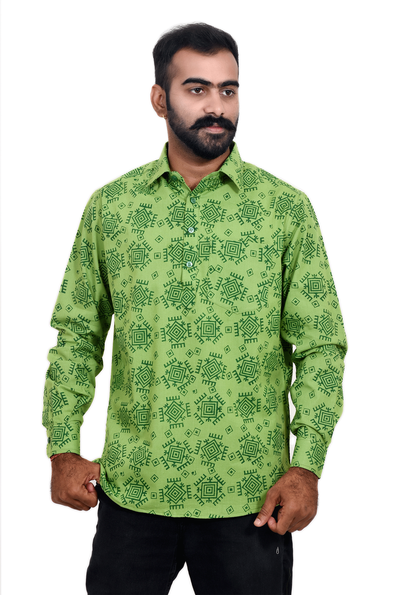 Fern Green Gemoterical Motif Hand Block Print Cotton Short Kurta SKU-AS20003 - Bhartiya Shilp
