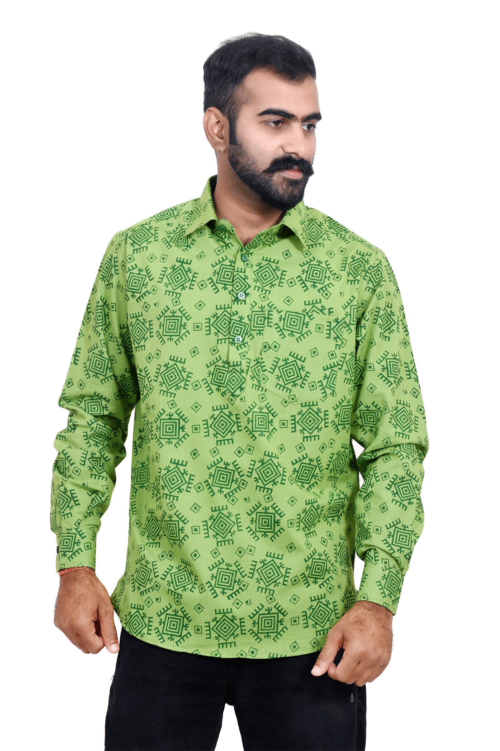 Fern Green Gemoterical Motif Hand Block Print Cotton Short Kurta SKU-AS20003 - Bhartiya Shilp