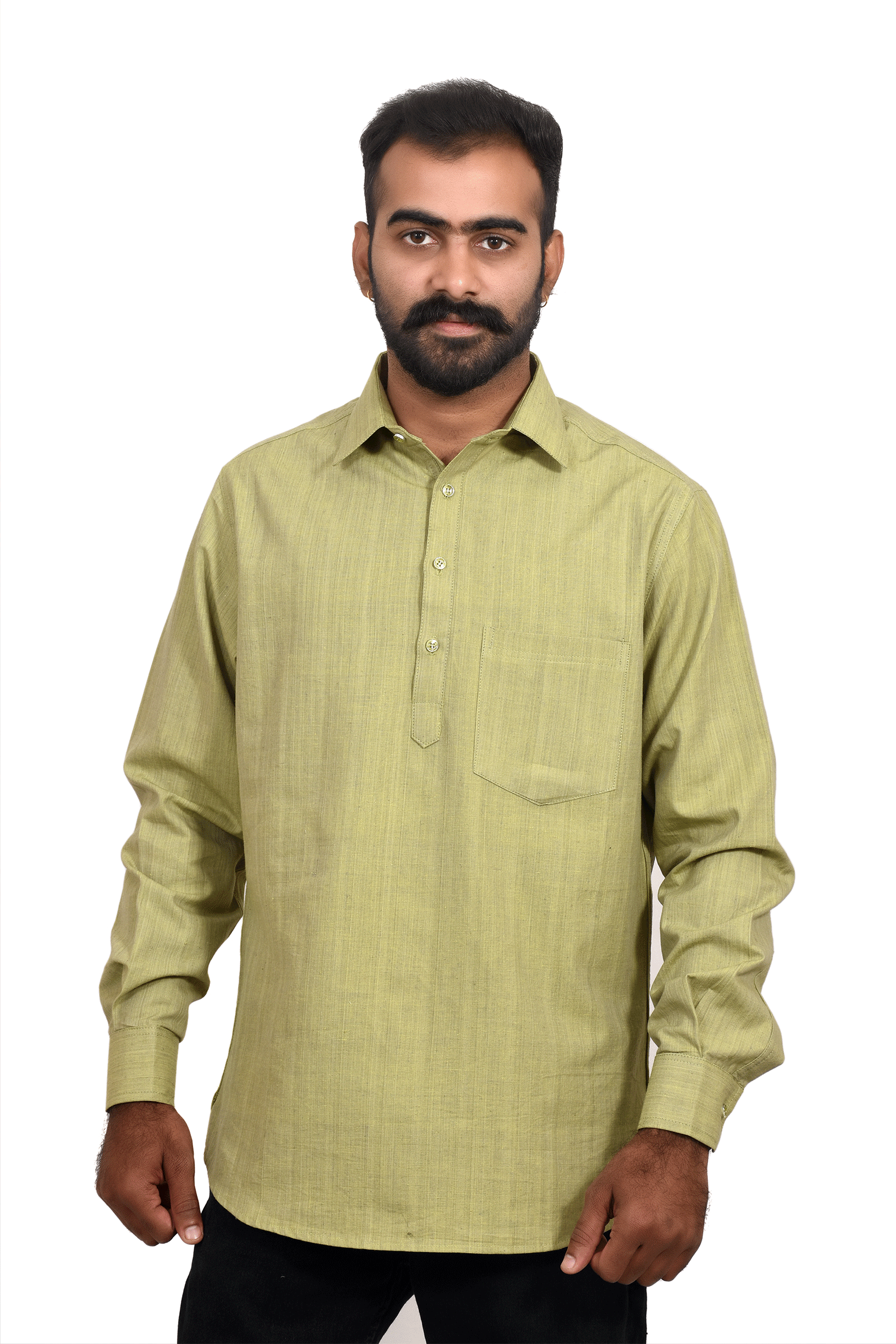 Olive Green Handloom Cotton Short Kurta SKU-AS20007 - Bhartiya Shilp