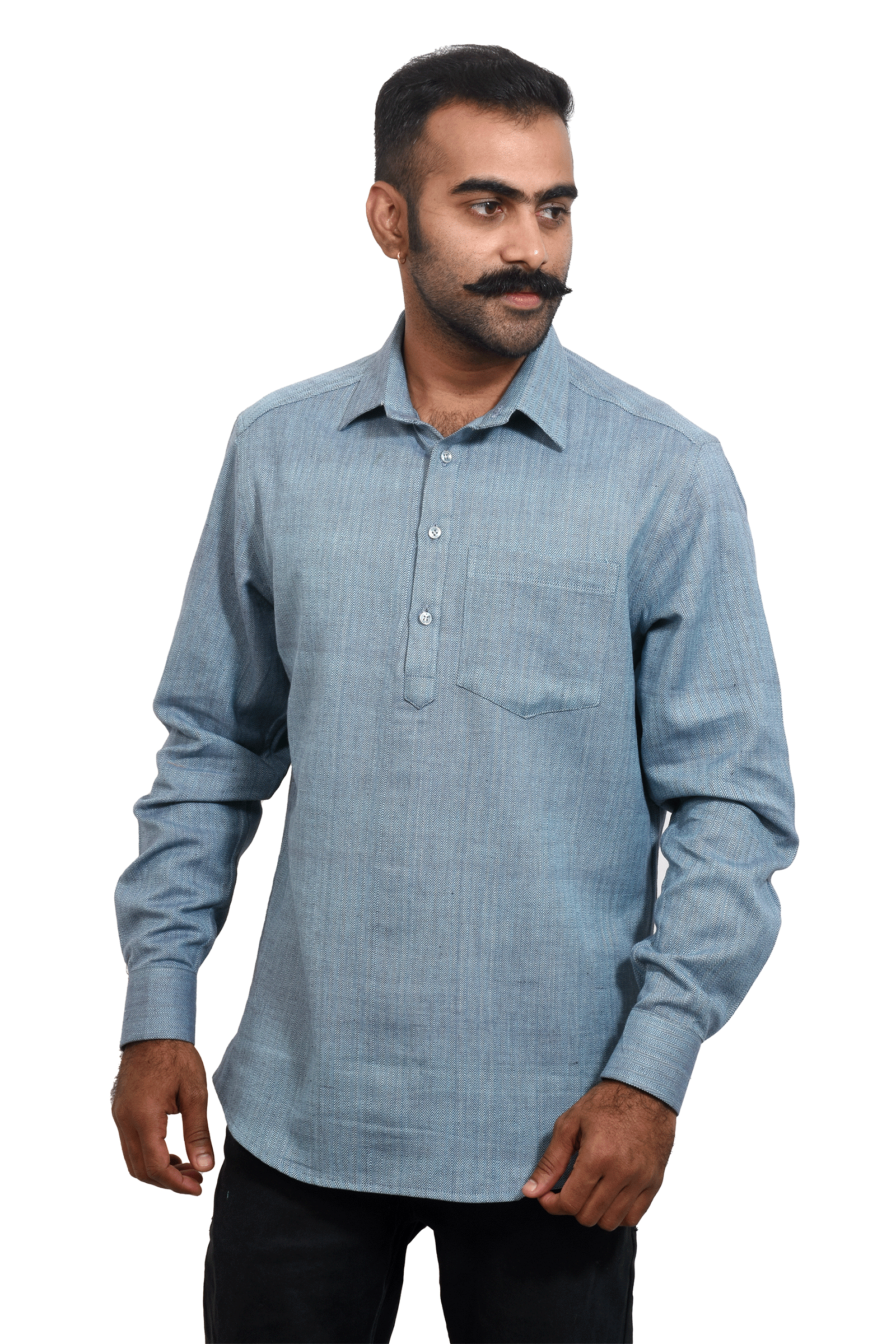 Steel Blue Handloom Cotton Short Kurta For Men SKU-AS20030 - Bhartiya Shilp