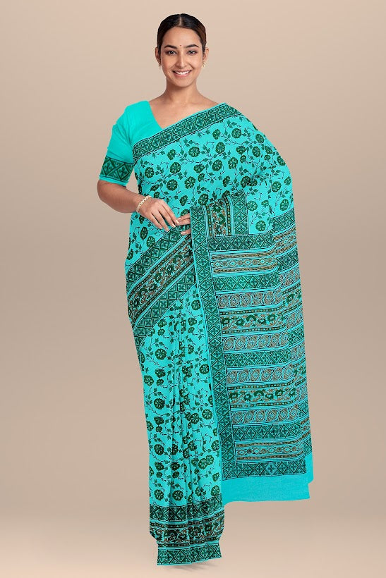 Chhipa Hand Block Printed Turqoise Blue Color Malmal Cotton Saree With Floral Motif SKU-4146 - Bhartiya Shilp