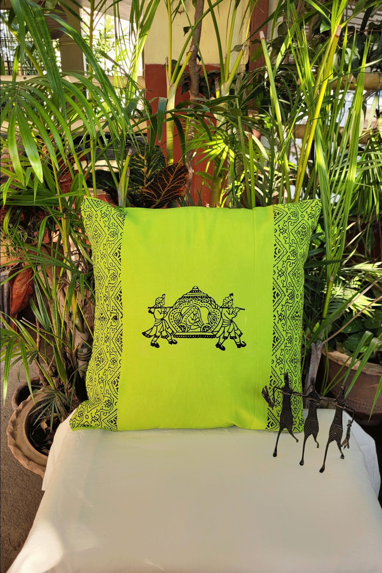 Lawn Green Hand Block Print Cushion Cover with Doli and Kahar Motif SKU-AS90025 - Bhartiya Shilp