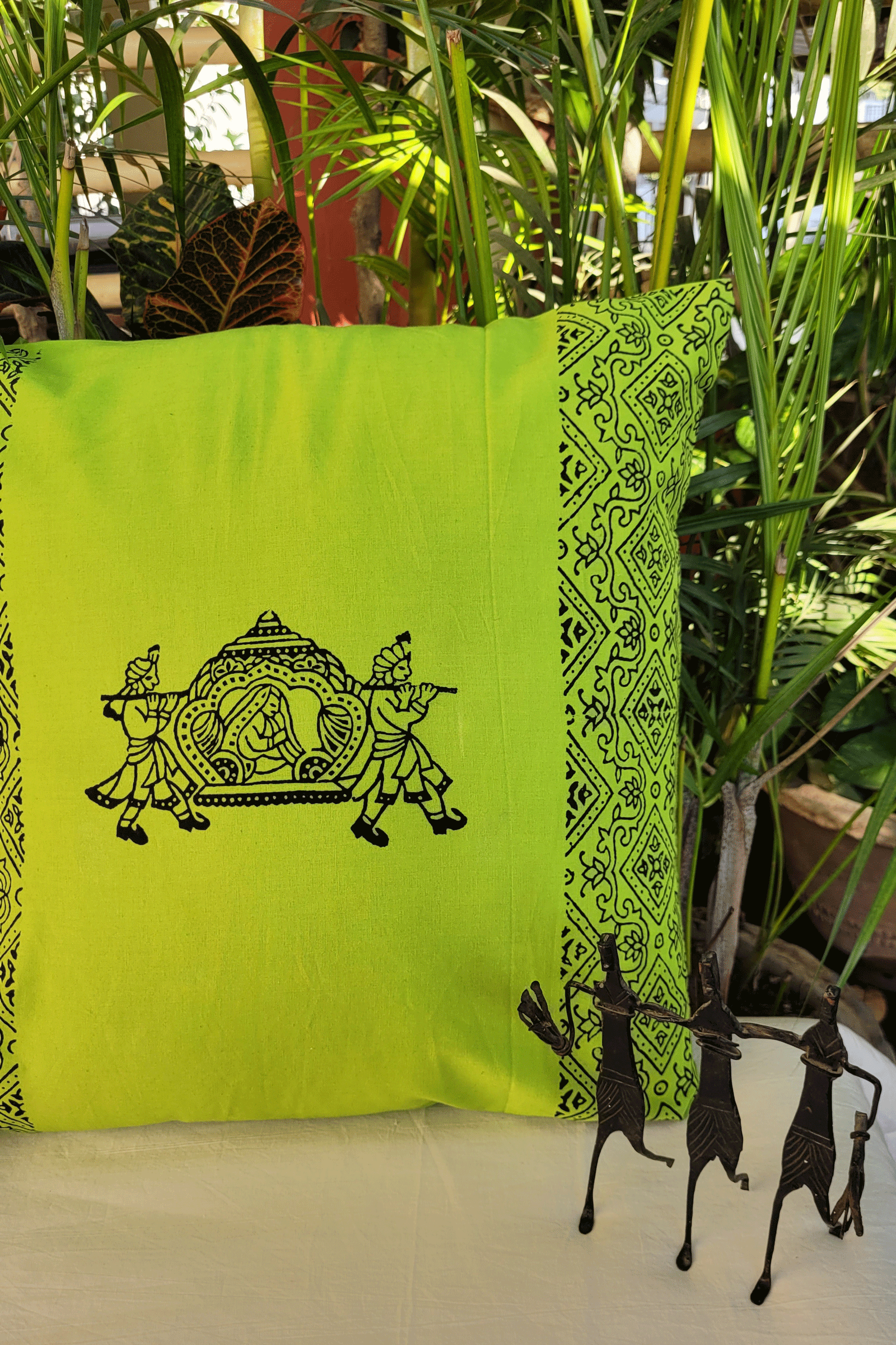 Lawn Green Hand Block Print Cushion Cover with Doli and Kahar Motif SKU-AS90025 - Bhartiya Shilp