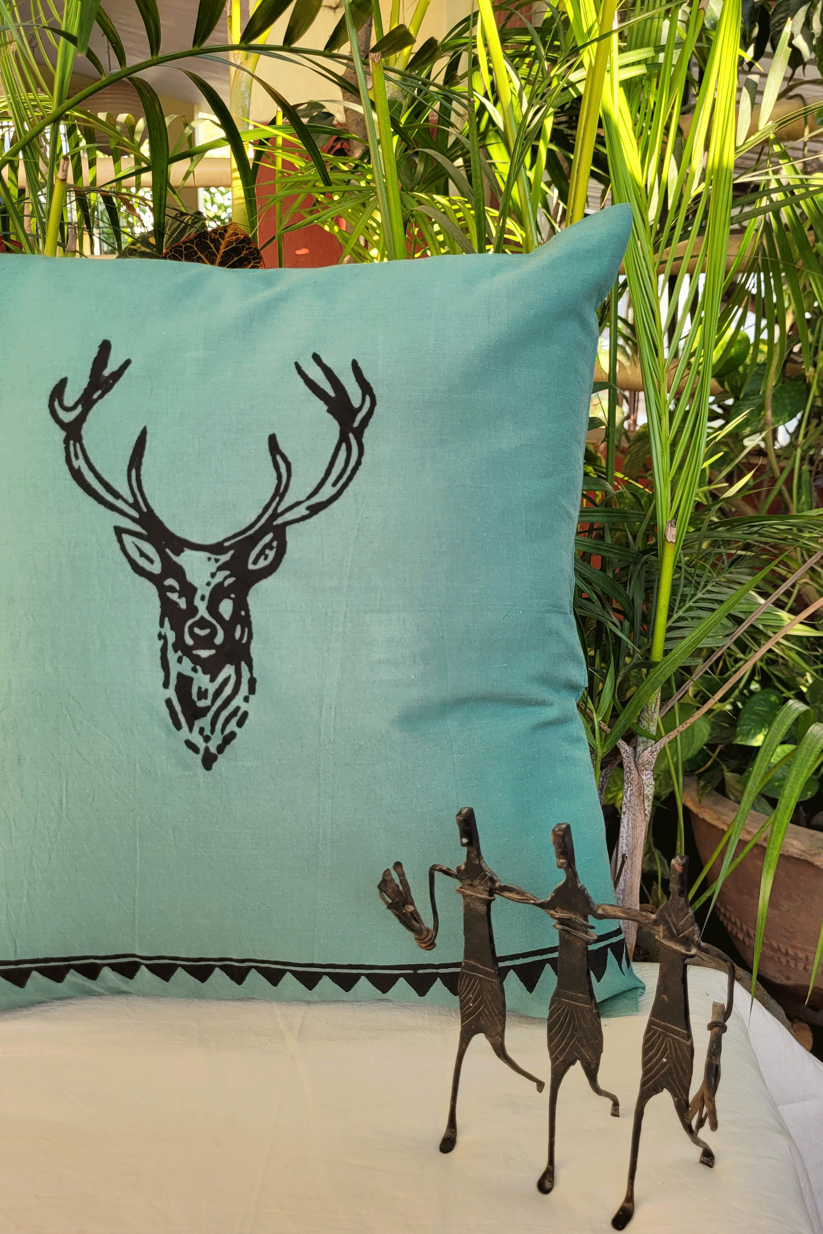 Cusion Cover Hand Block Printed with Deer Motif SKU-AS90018 - Bhartiya Shilp
