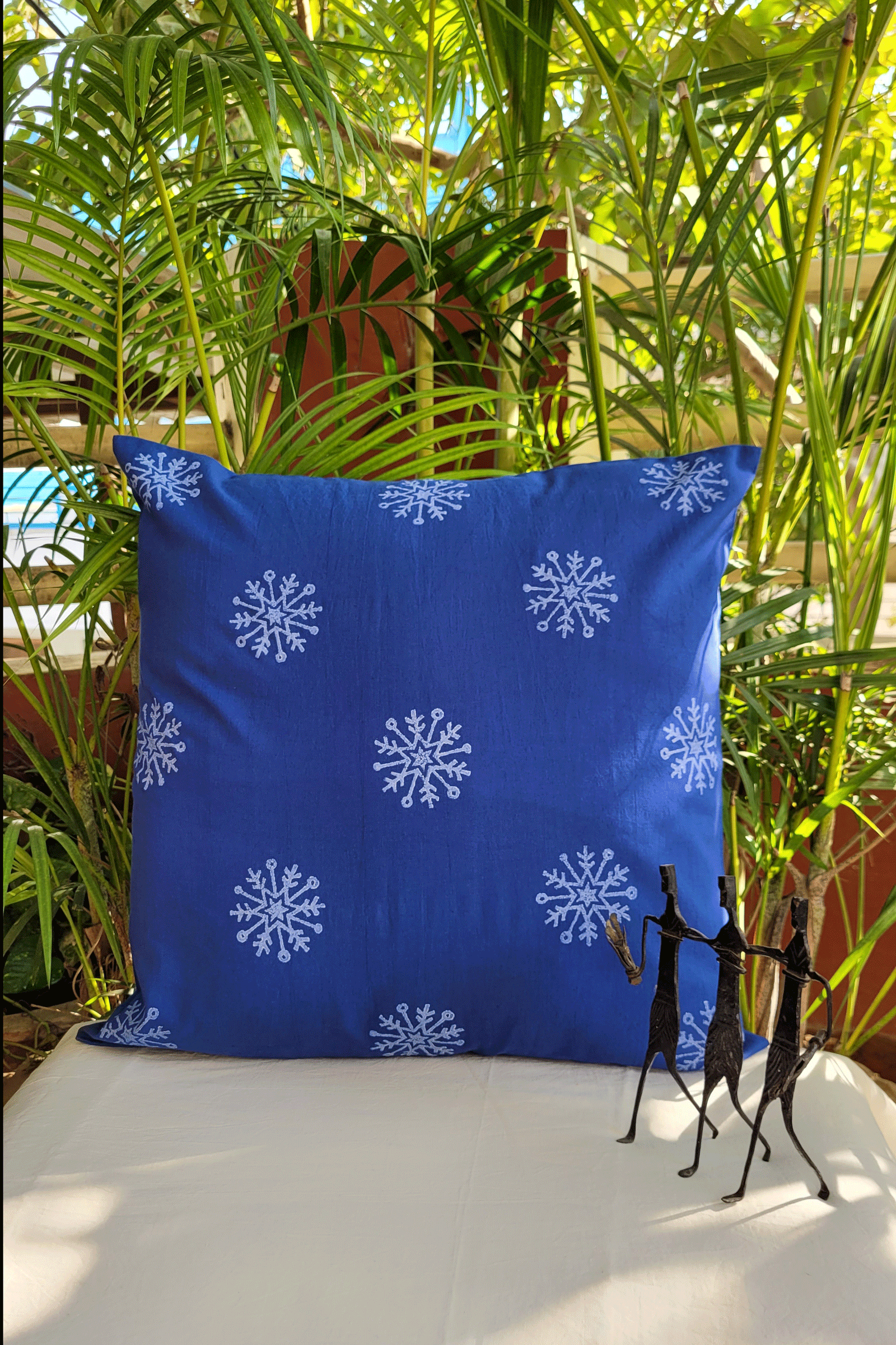 Blue Hand Block Print Cushion Cover with Snowflake Motif SKU-AS90026 - Bhartiya Shilp