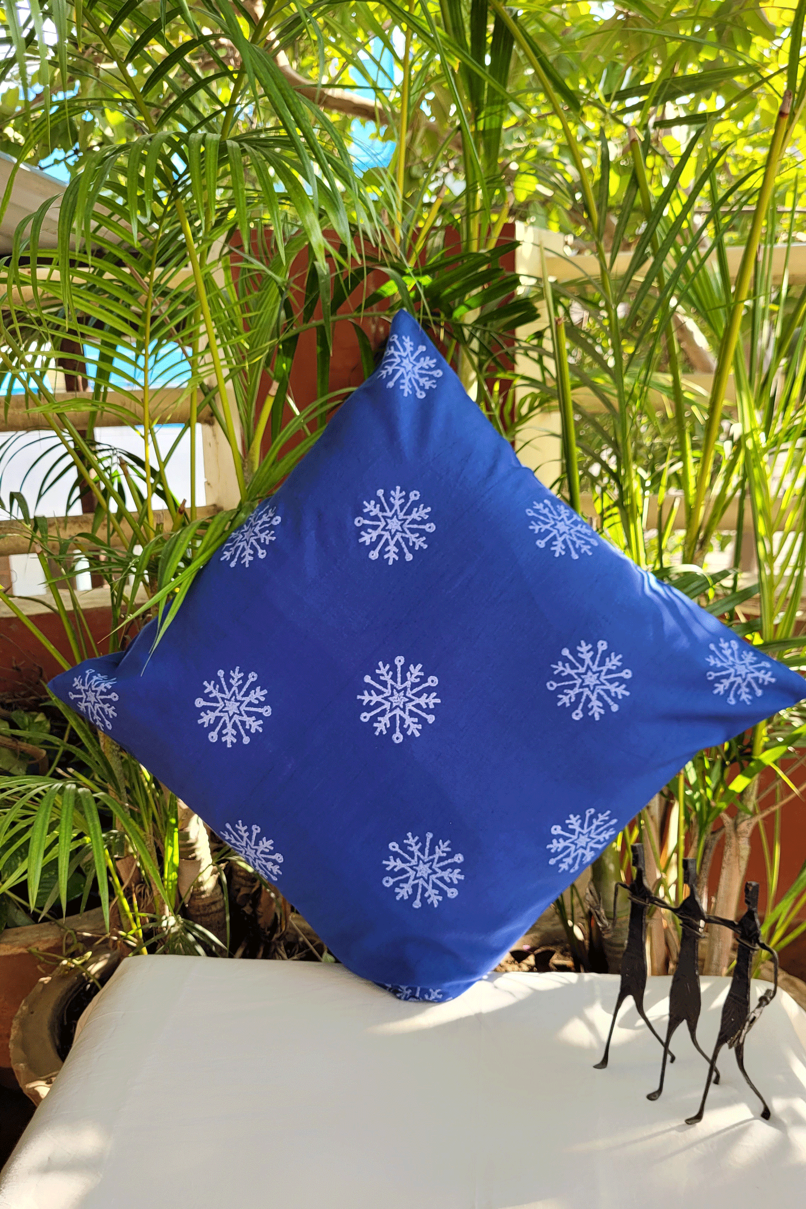 Blue Hand Block Print Cushion Cover with Snowflake Motif SKU-AS90026 - Bhartiya Shilp