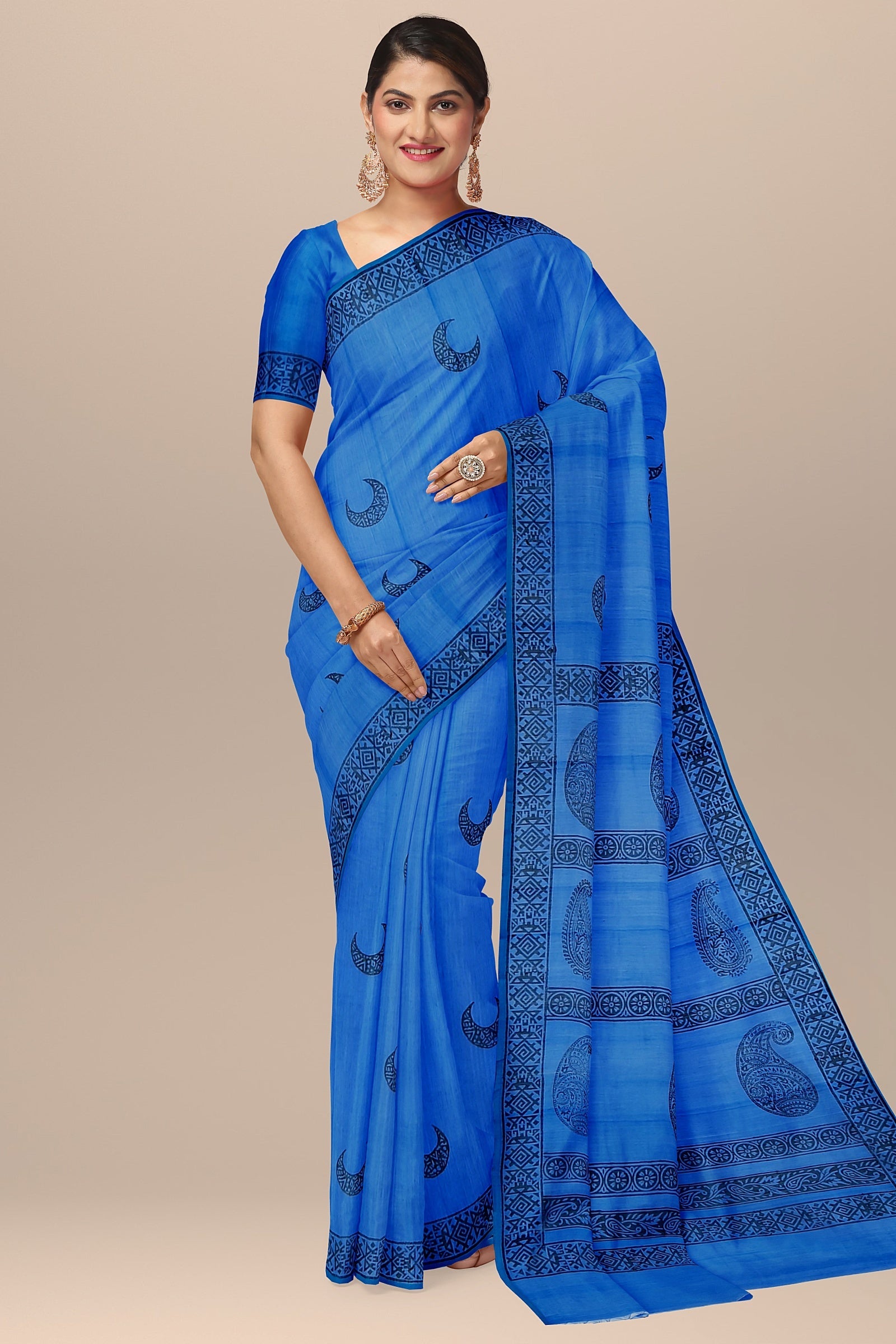 Hand Woven Hand Block Printed Royal Blue Sausar Silk Saree With Geometric Motif SKU-7010 - Bhartiya Shilp
