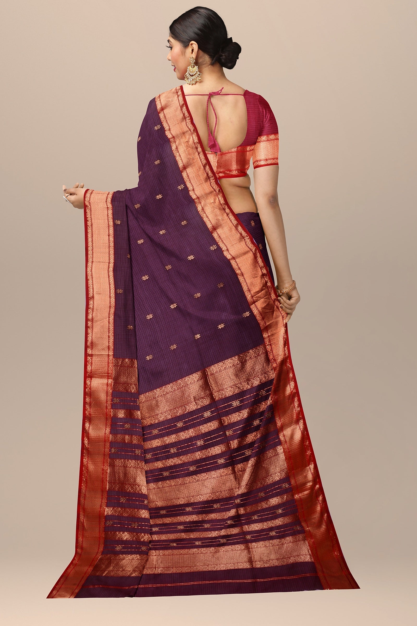 Hand Woven Magenta Purple Color Traditional Buti Checks Sausar Silk with Zari Border Saree SKU- BS10048 - Bhartiya Shilp