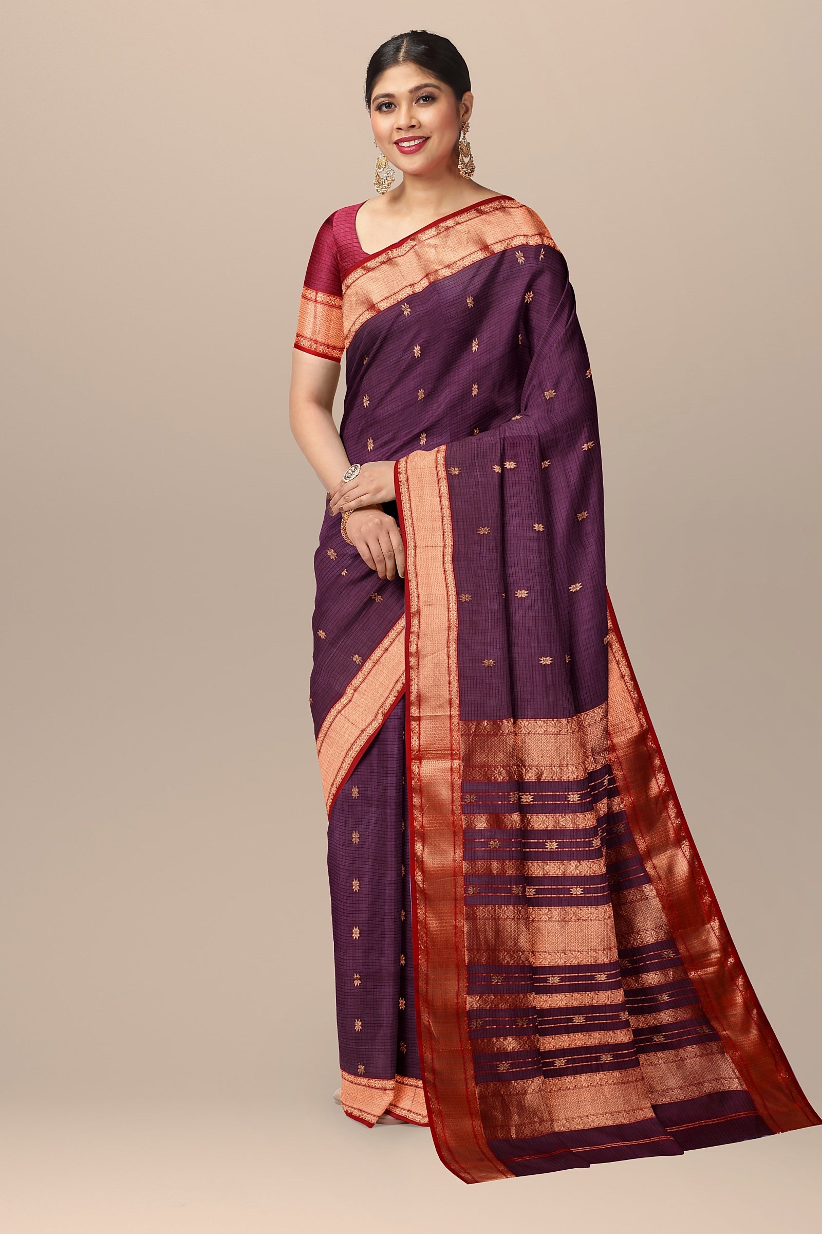 Hand Woven Magenta Purple Color Traditional Buti Checks Sausar Silk with Zari Border Saree SKU- BS10048 - Bhartiya Shilp