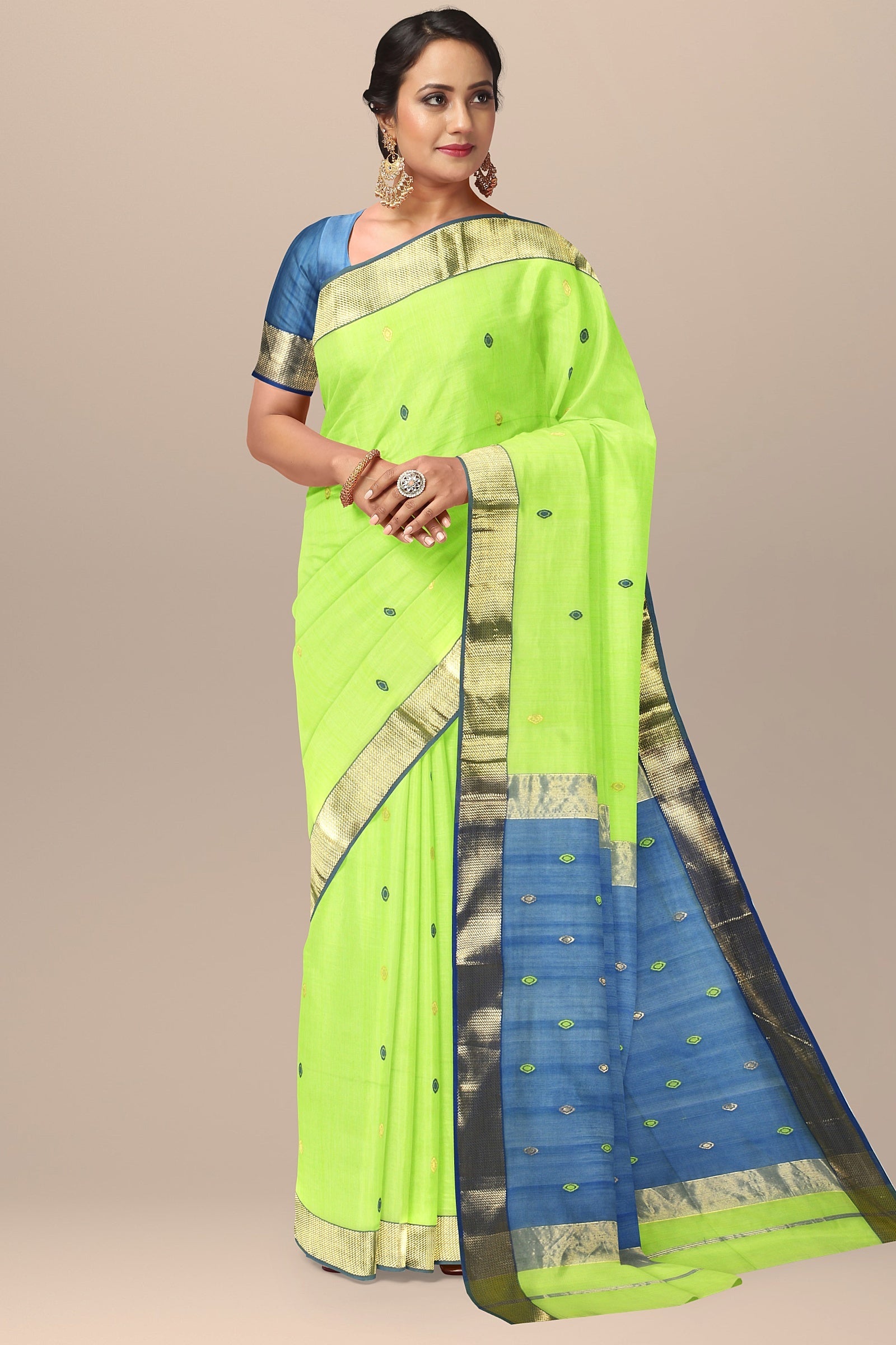 Hand Woven Parrot Green Color Traditional Diya Buti Sausar Silk with Zari Border Saree SKU-BS10054 - Bhartiya Shilp