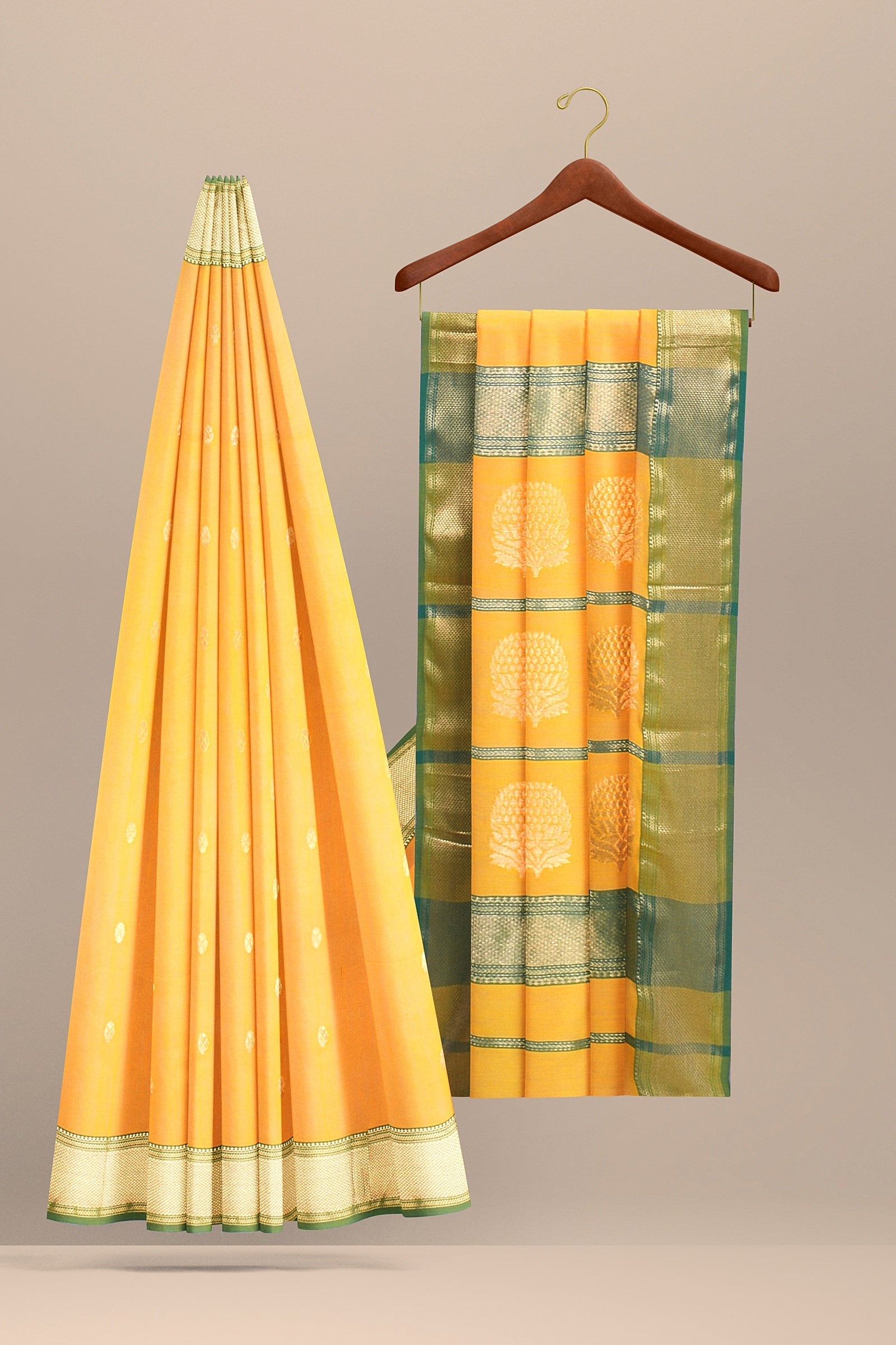 Hand Woven Turmeric Yellow Color Traditional Buti Sausar Silk with Zari Border and Tree Buta Print Saree SKU-BS10062 - Bhartiya Shilp